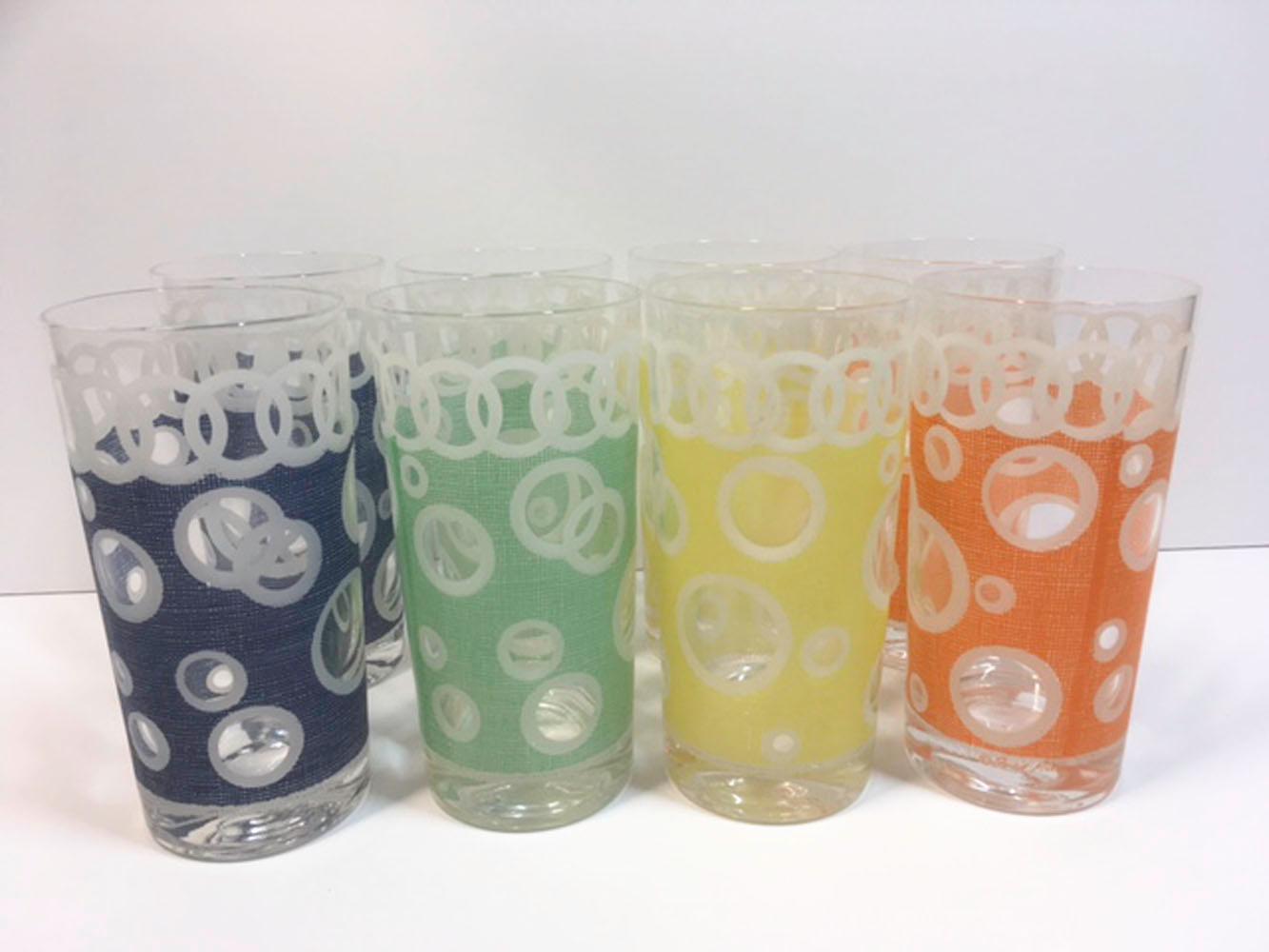 Mid-Century Modern Vintage Fred Press, Bubbles, 4 Color Party Set, 8 Highball Glasses