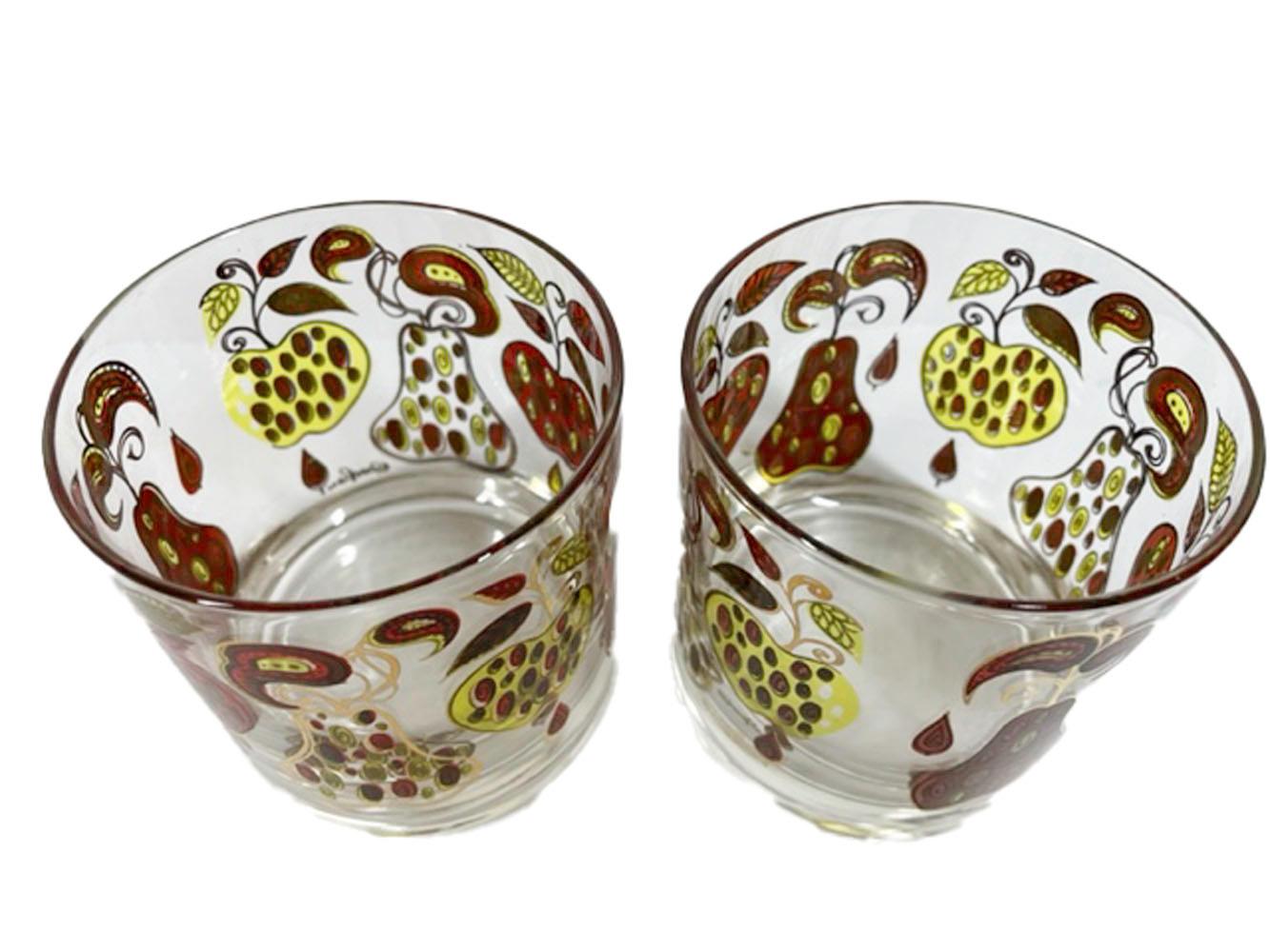 20th Century Vintage Fred Press Designed Rocks Glasses with Translucent Enamel Pears & Apples For Sale