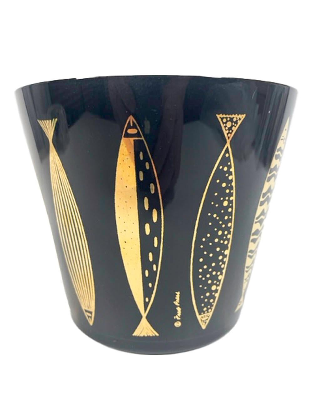 Mid-Century Modern Vintage Fred Press Ice Bowl with 22k Gold Stylized Fish on Black Frosted Ground For Sale