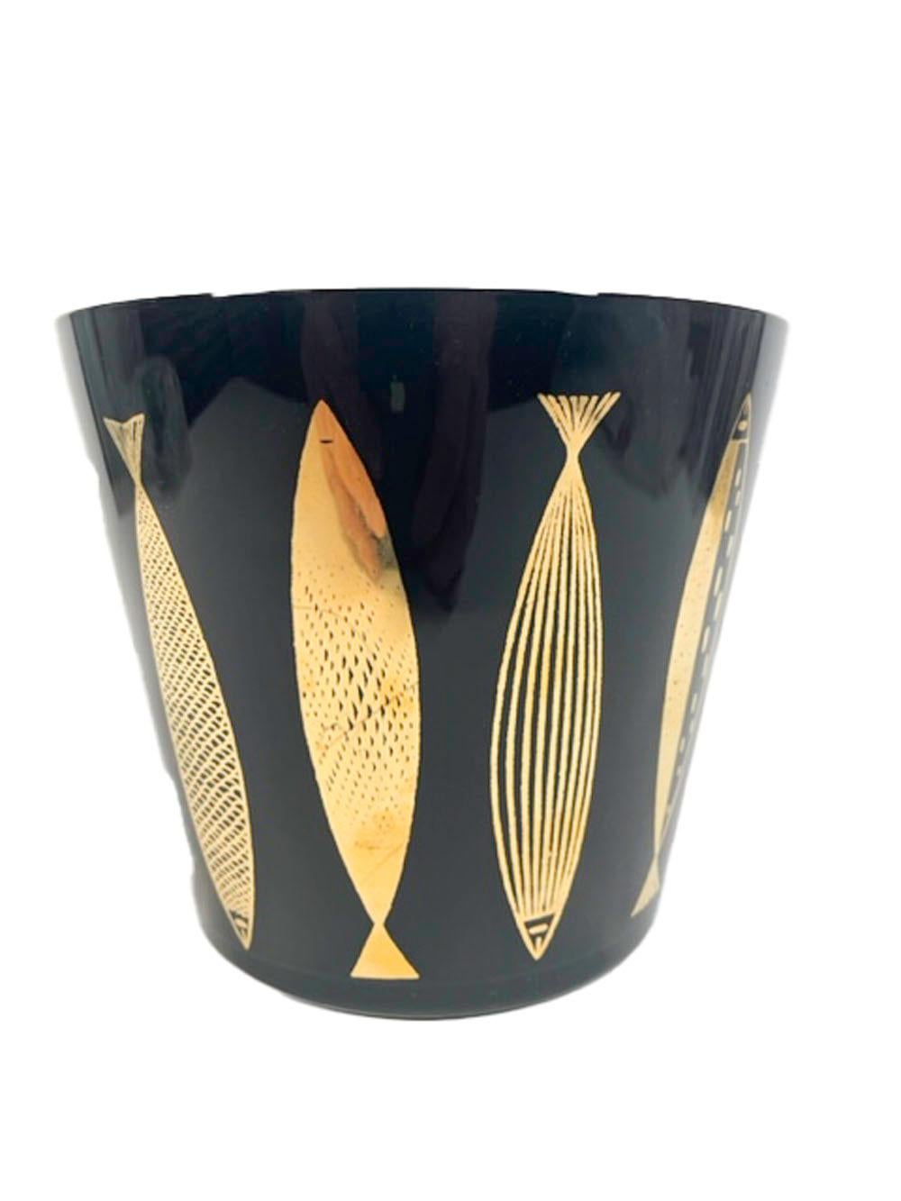 20th Century Vintage Fred Press Ice Bowl with 22k Gold Stylized Fish on Black Frosted Ground For Sale