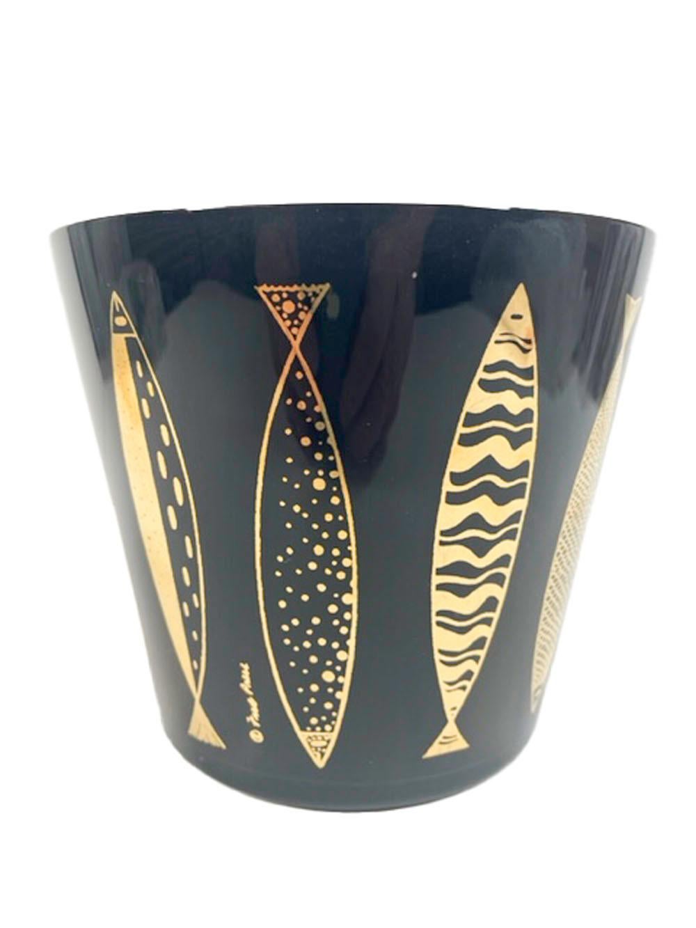 Glass Vintage Fred Press Ice Bowl with 22k Gold Stylized Fish on Black Frosted Ground For Sale