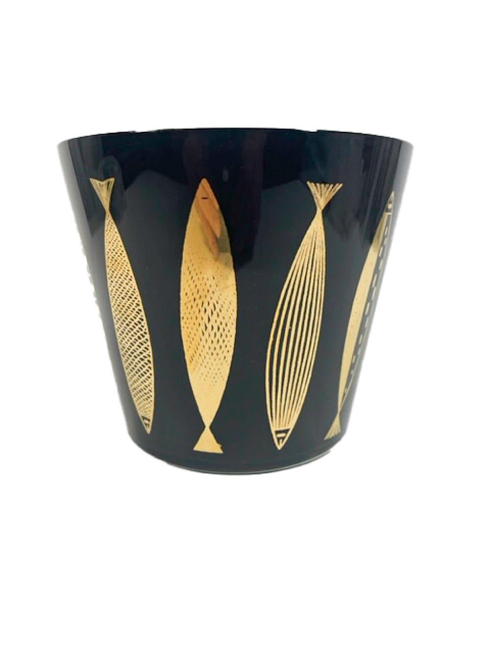 Vintage Fred Press Ice Bowl with 22k Gold Stylized Fish on Black Frosted Ground For Sale 1