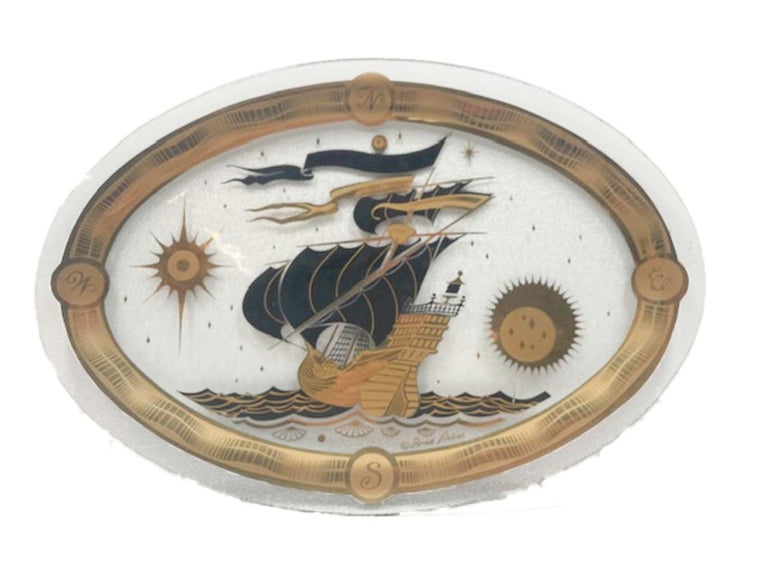 American Vintage Fred Press Nautical Themed Glass Serving Tray For Sale
