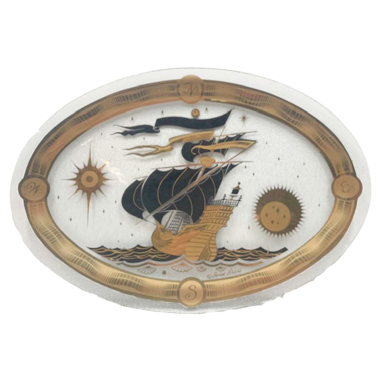 Vintage Fred Press Nautical Themed Glass Serving Tray For Sale