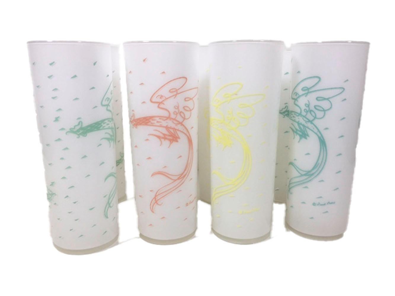 Mid-Century Modern Vintage Fred Press Rooster Tom Collins Glasses in 4 Colors on White Ground For Sale