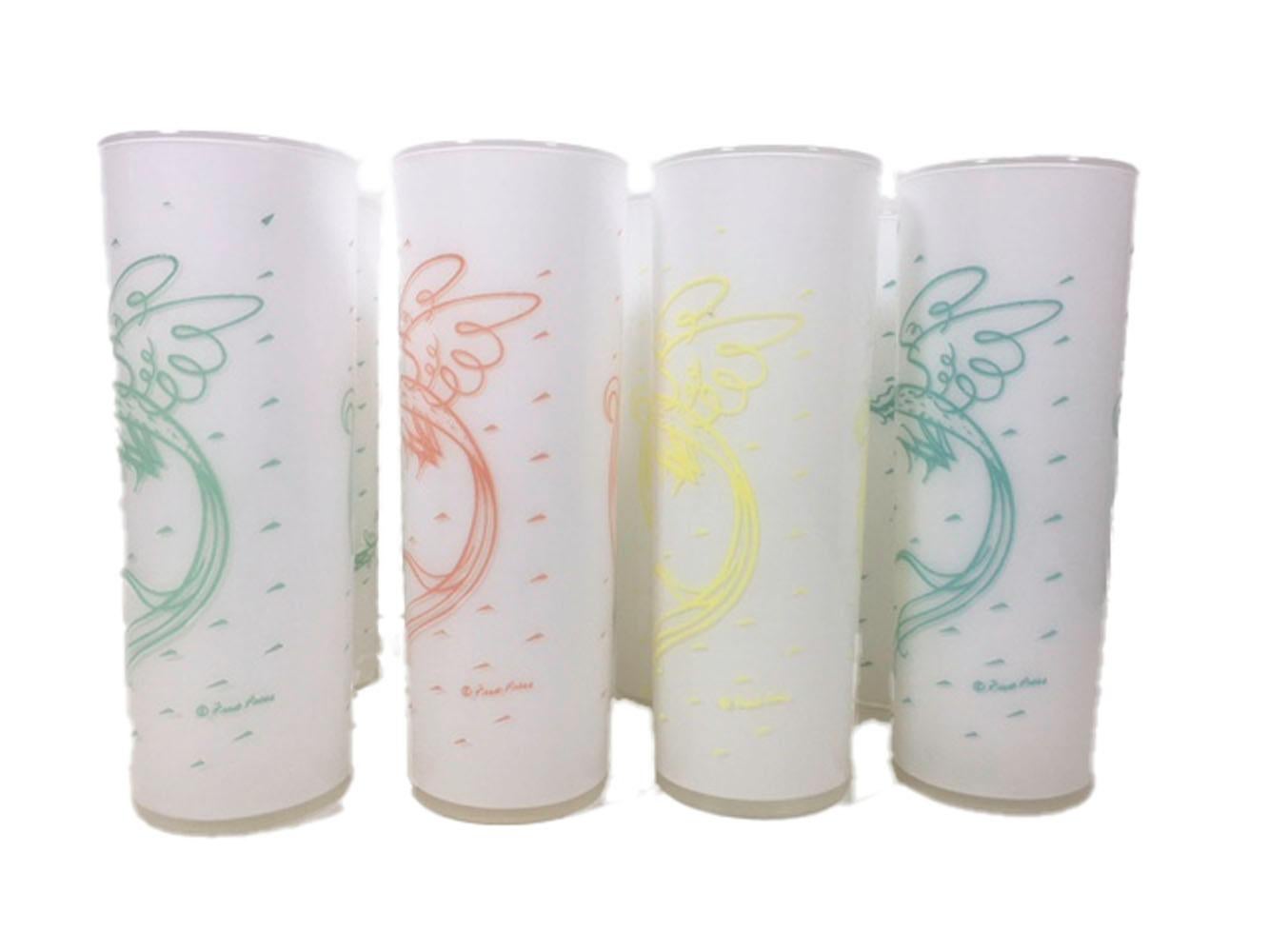 American Vintage Fred Press Rooster Tom Collins Glasses in 4 Colors on White Ground For Sale