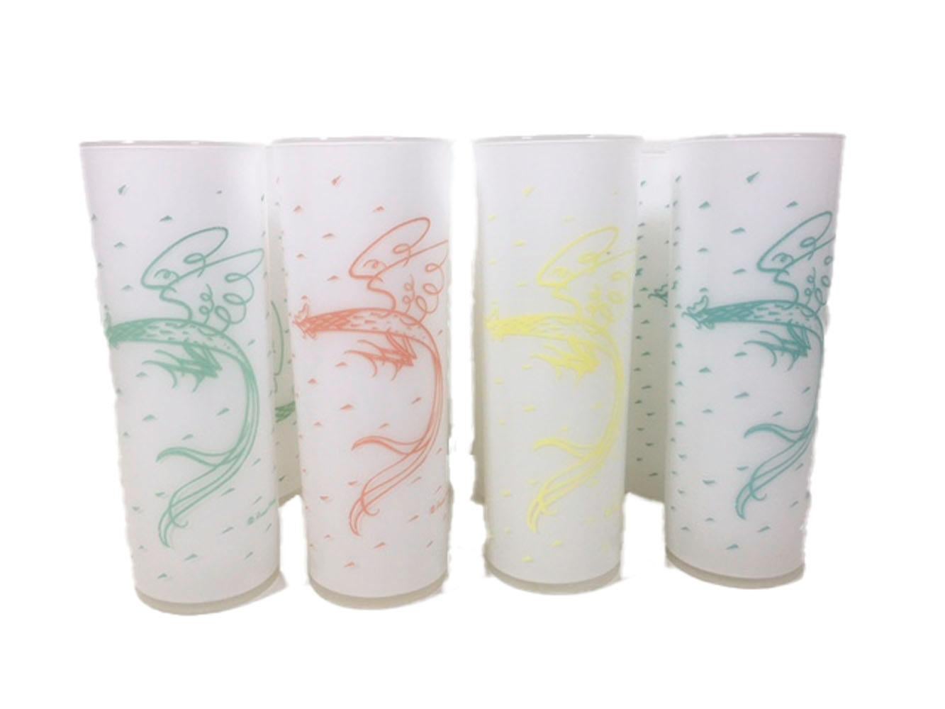 20th Century Vintage Fred Press Rooster Tom Collins Glasses in 4 Colors on White Ground For Sale