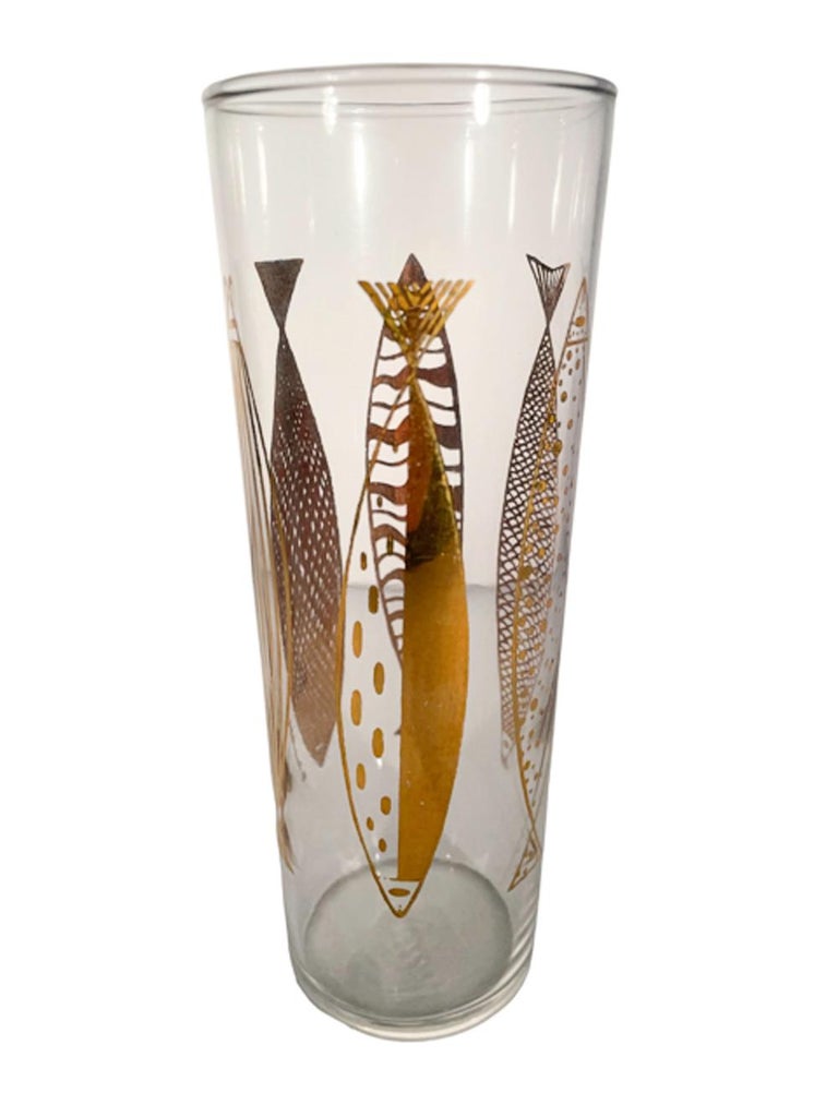 Vintage Fred Press, Tom Collins Glasses, Clear with Gold Fish For Sale