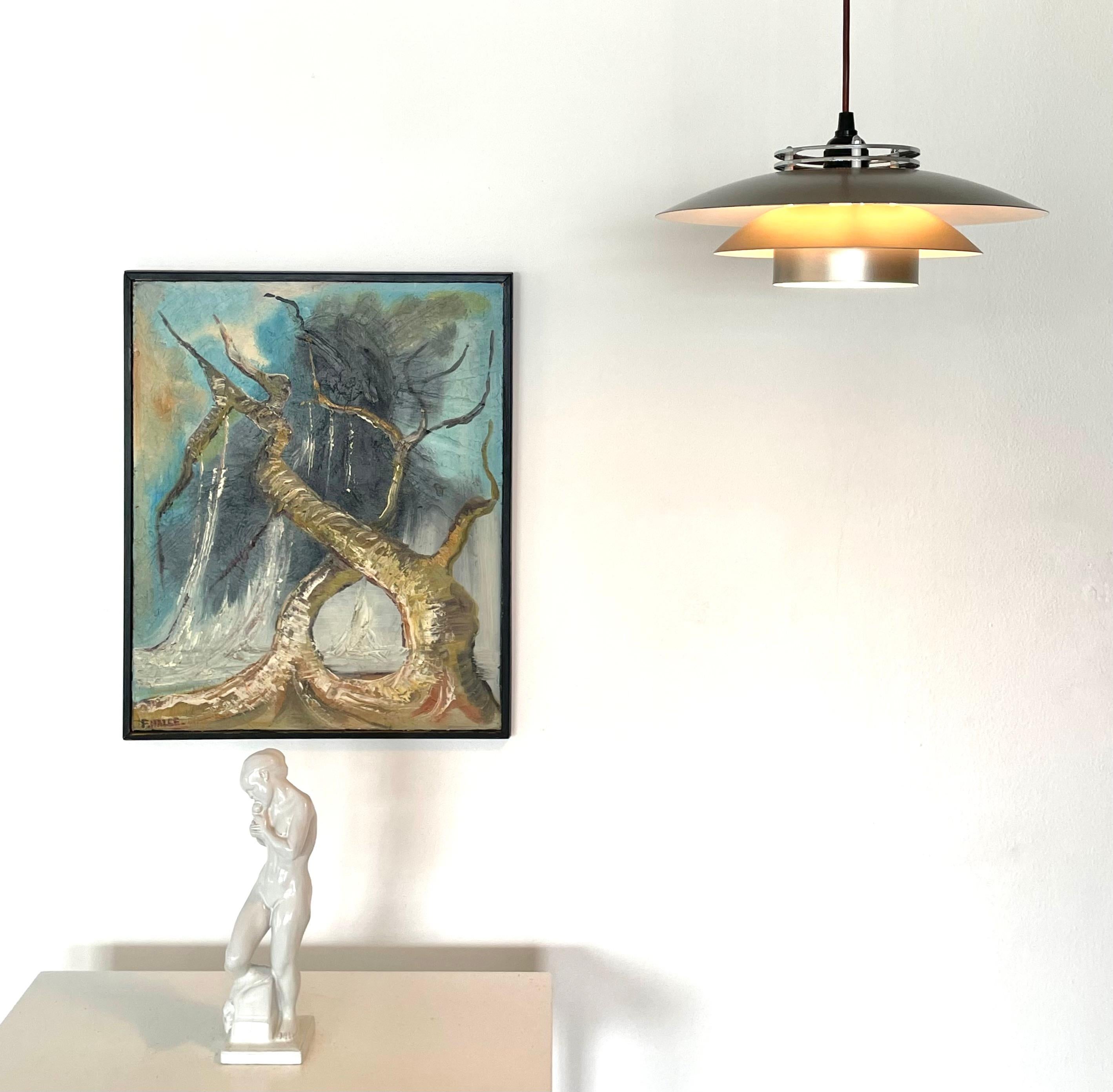 Expressionistisches Vintage-Gemälde des dänischen Künstlers Freddy Halle (geb. 1936) aus der Mitte des Jahrhunderts mit einem organischen Motiv von nackten, sich drehenden Bäumen vor einem dramatischen, dunklen Hintergrund. Der Stil ist figurativ