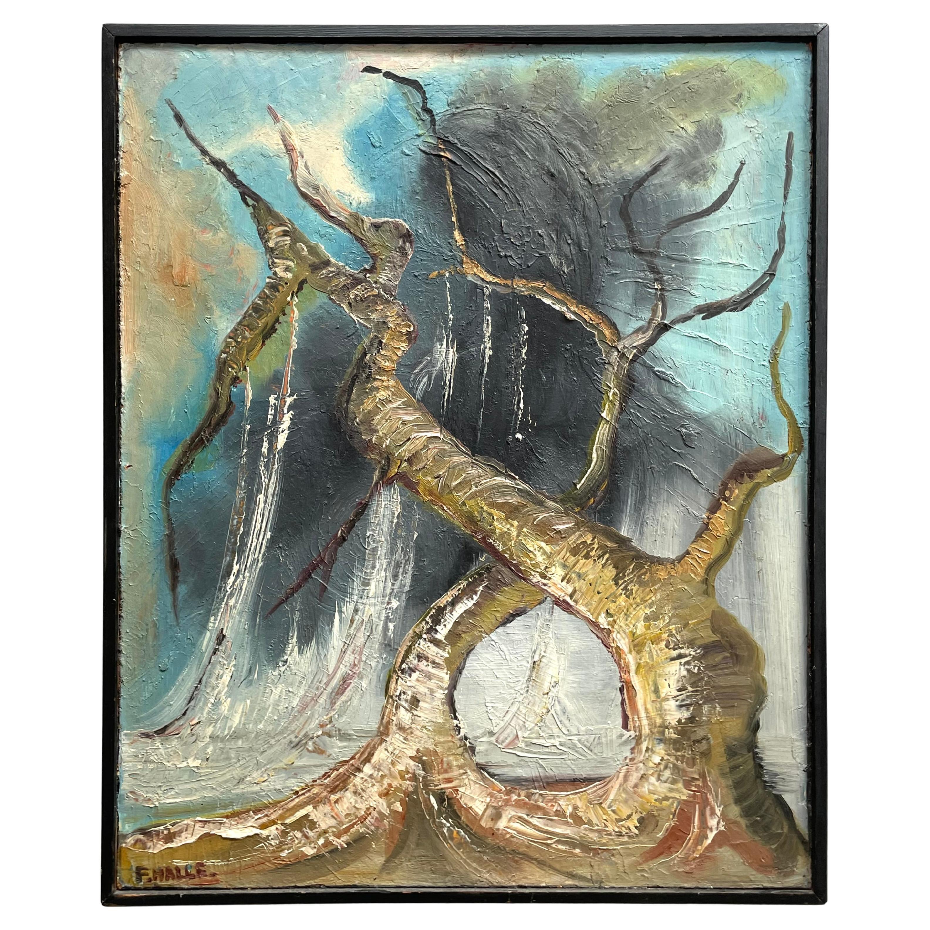 Vintage Freddy Halle Dänische Mitte des Jahrhunderts expressionistische Ölgemälde von Bäumen