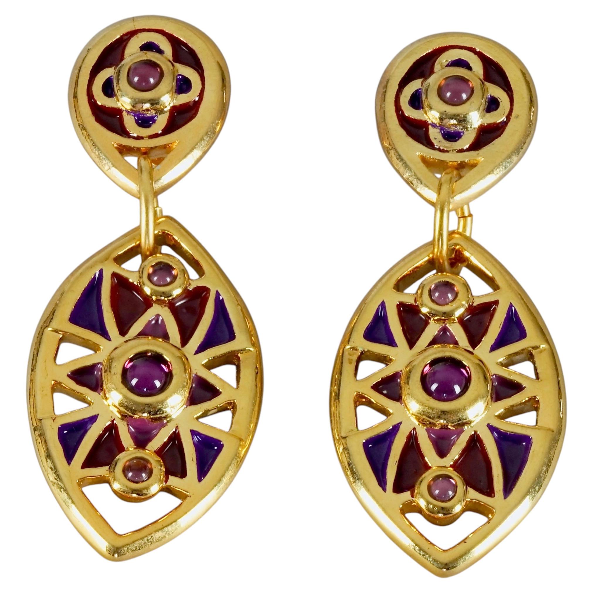 Vintage FREDERIC VOLLE PARIS Art Deco Jewelled Marquise Enamel Drop Earrings