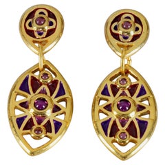 Vintage FREDERIC VOLLE PARIS Art Deco Jewelled Marquise Enamel Drop Earrings