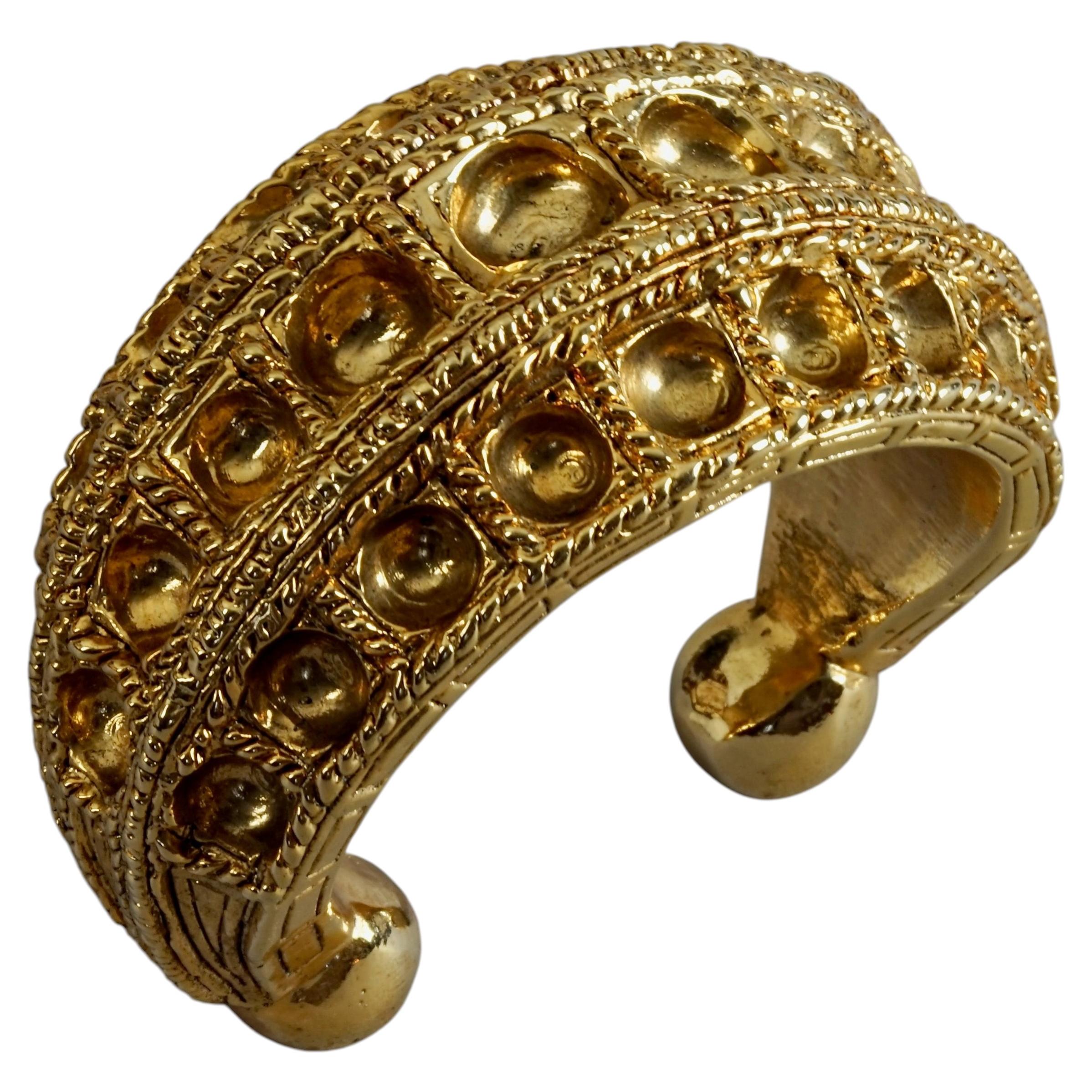 Vintage FREDERIC VOLLE PARIS Ethnic Gold Tone Chunky Cuff Bracelet