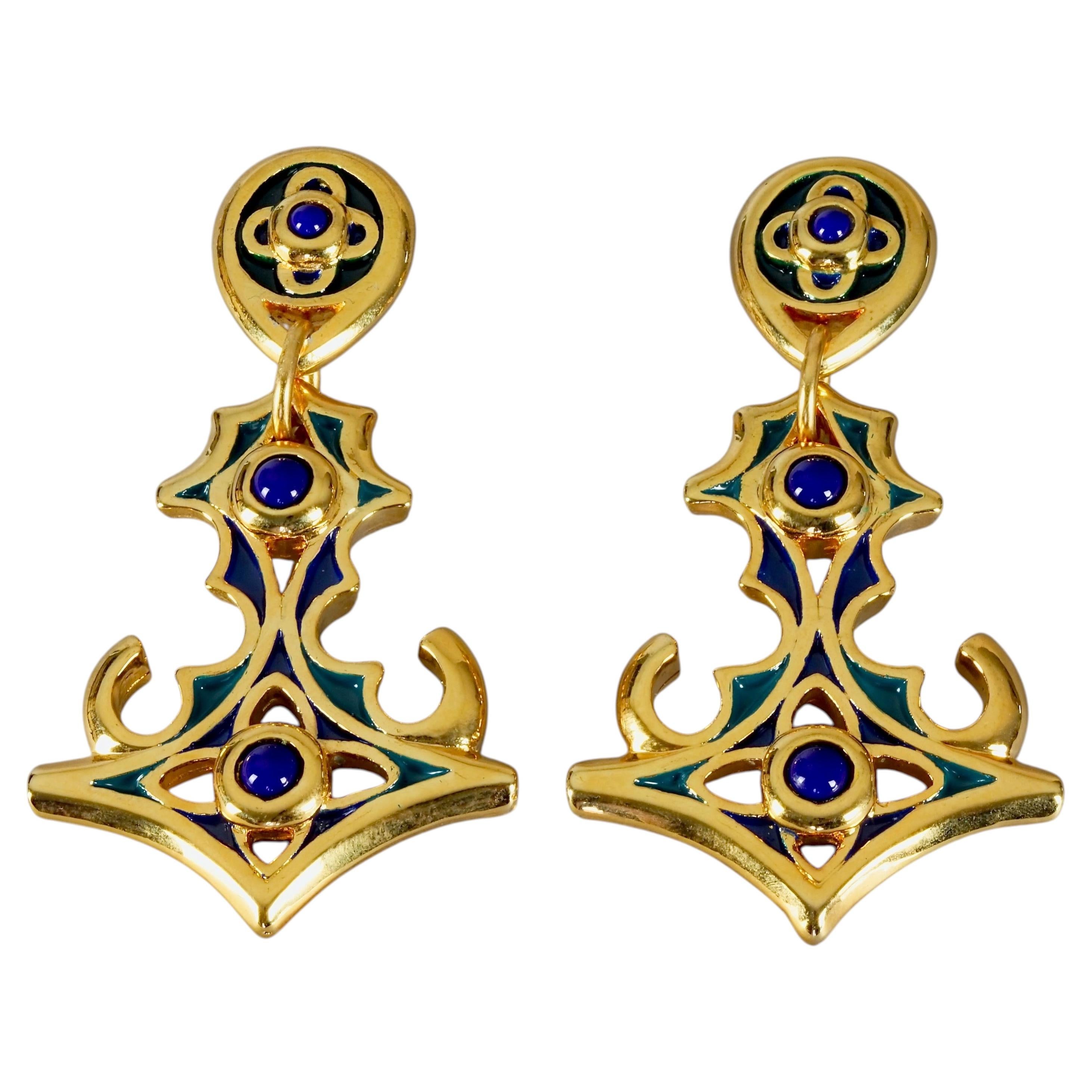 Vintage FREDERIC VOLLE PARIS Mogul Filigree Cabochon Enamel Drop Earrings