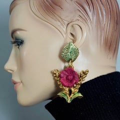 Vintage FREDERIC VOLLE PARIS Red Flower with Wheat Motif Dangling Earrings