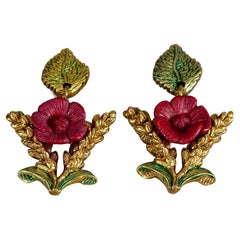 Vintage FREDERIC VOLLE PARIS Red Flower with Wheat Motif Dangling Earrings