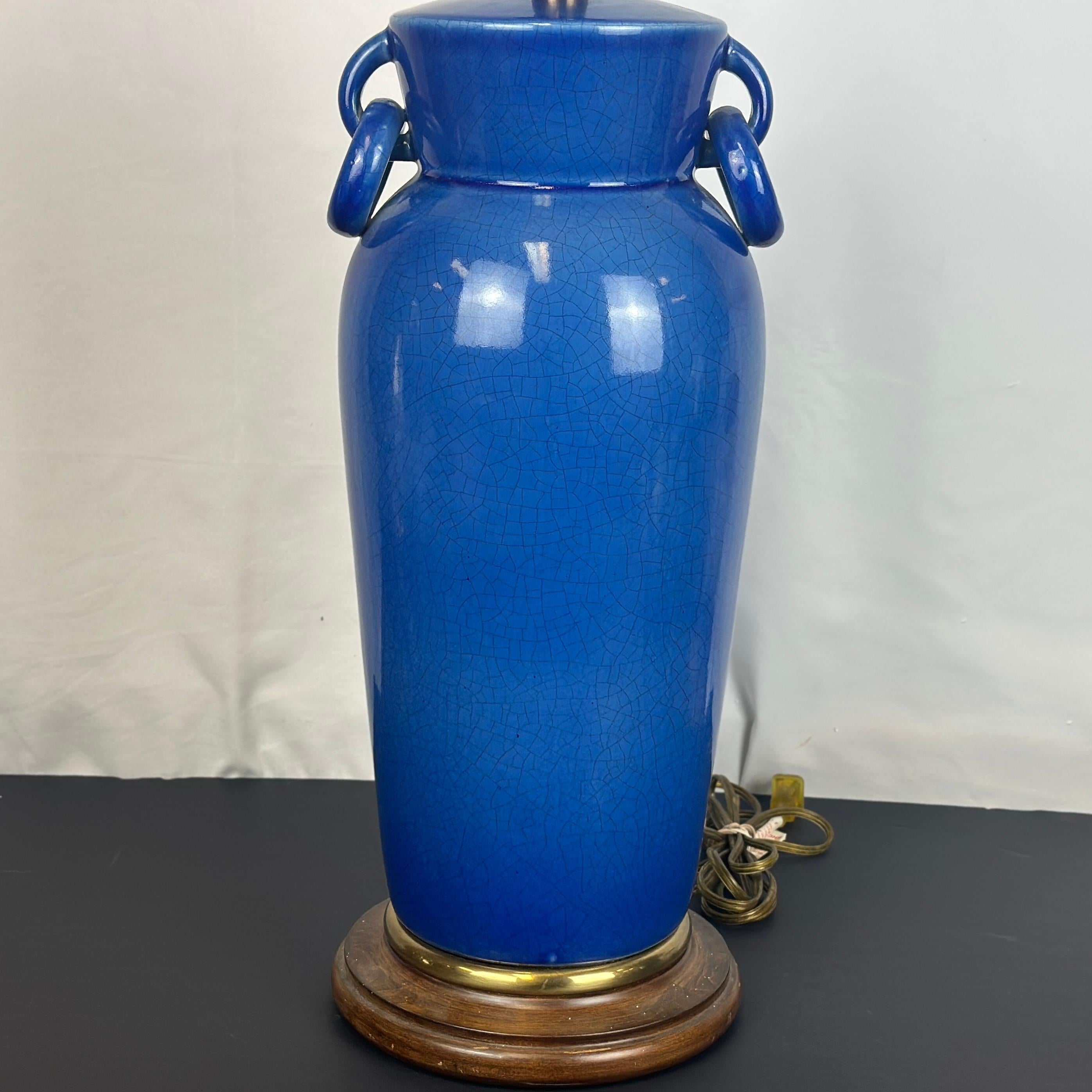 Hollywood Regency Vintage Frederick Cooper Blue Crackle Glaze Ceramic Table Lamp For Sale