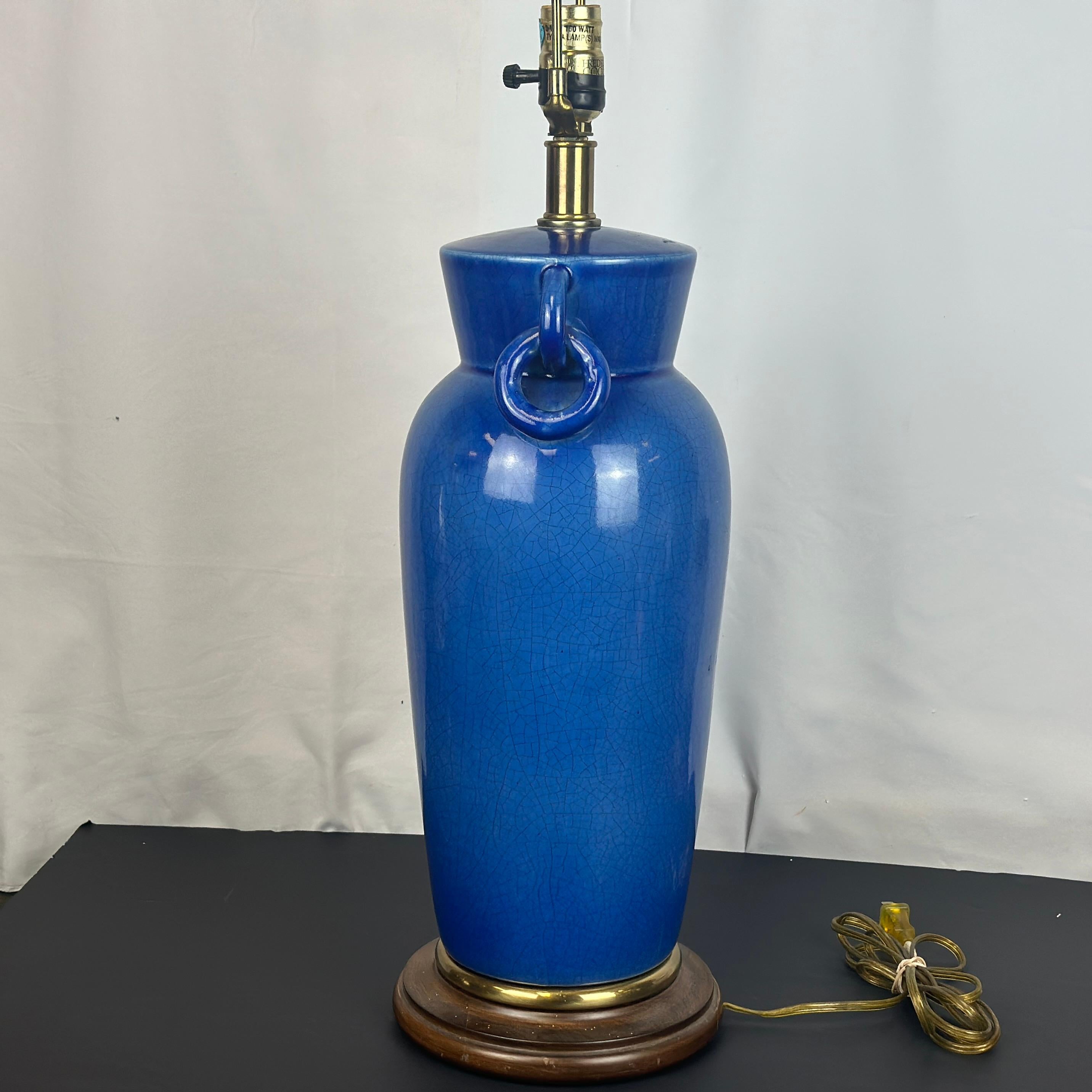 American Vintage Frederick Cooper Blue Crackle Glaze Ceramic Table Lamp For Sale