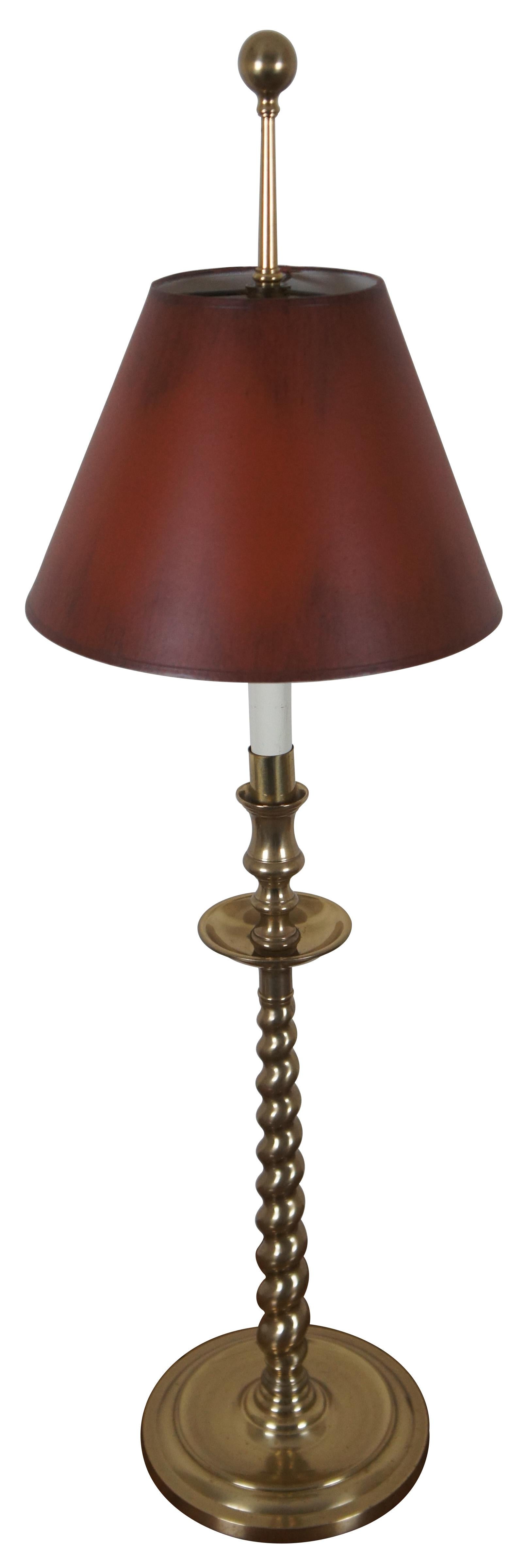 Vintage Frederick Cooper Messing Gerste Twist Altar Leuchter förmigen Tisch / Buffet Lampe mit roten Schatten.

Maße: 8,25