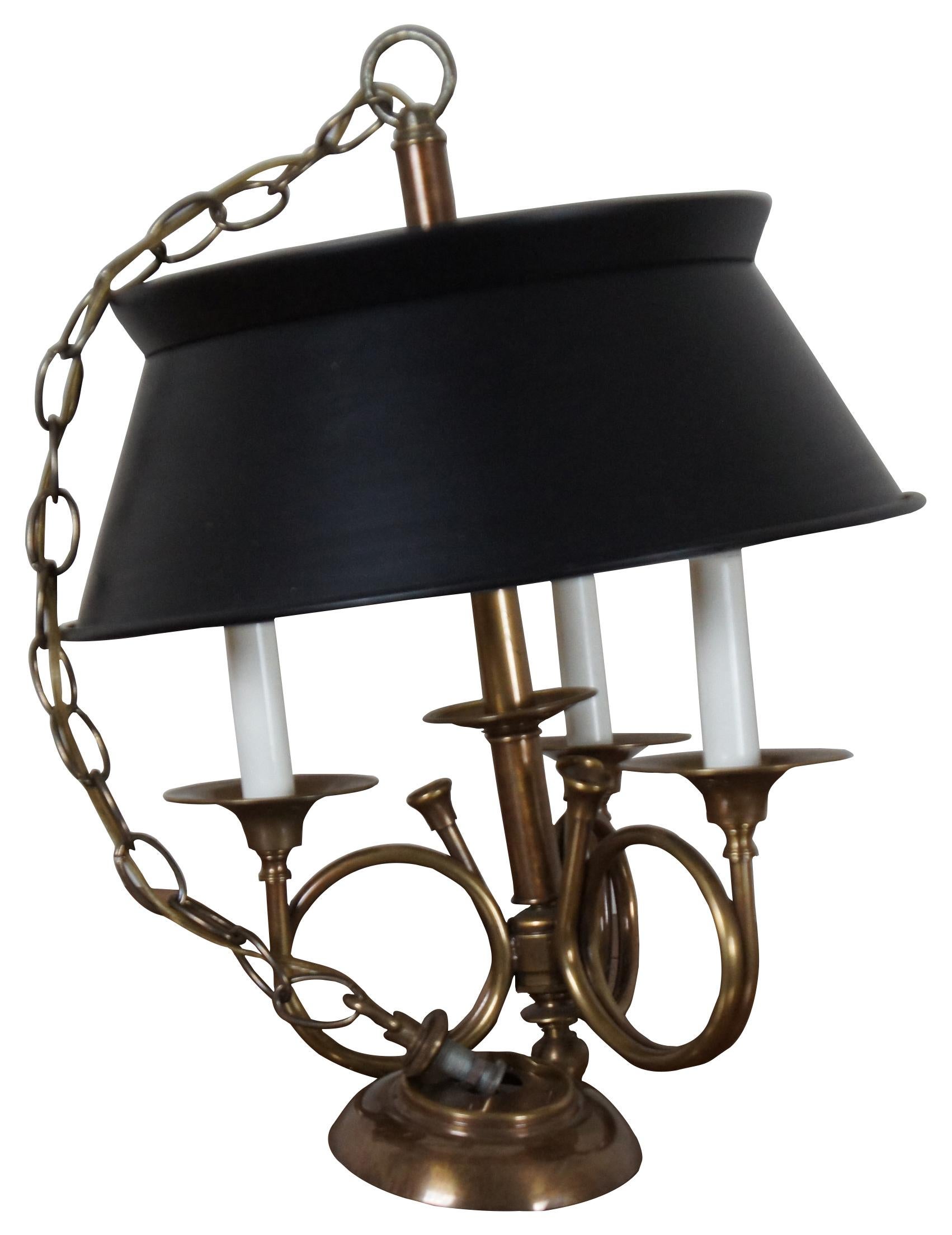 Vintage Frederick Cooper brass bouillotte chandelier with three French Horns supporting candletick shaped bulb sockets with a black metal shade.
 
