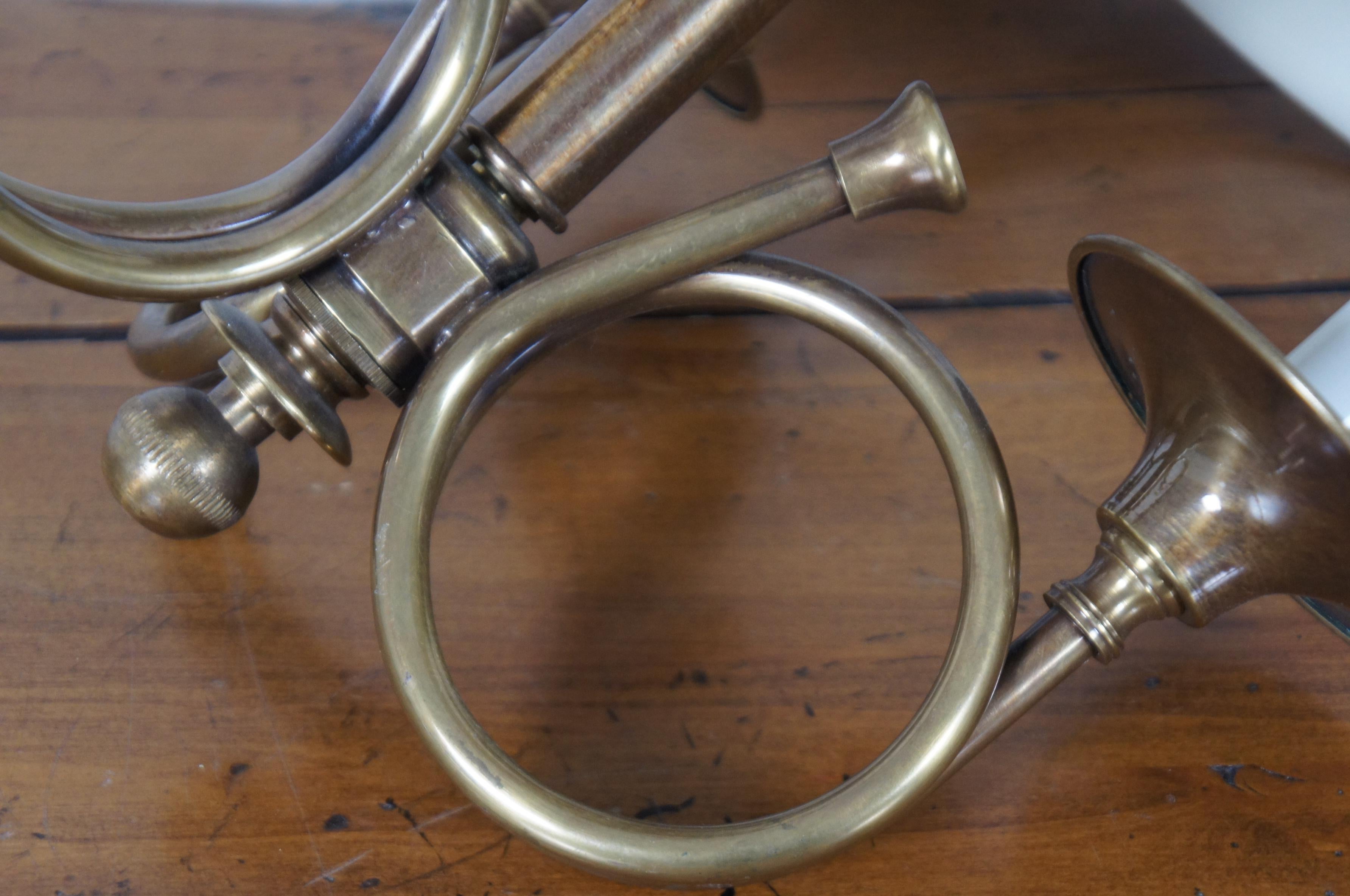 20th Century Vintage Frederick Cooper Brass French Horn 3 Light Bouillotte Hanging Chandelier