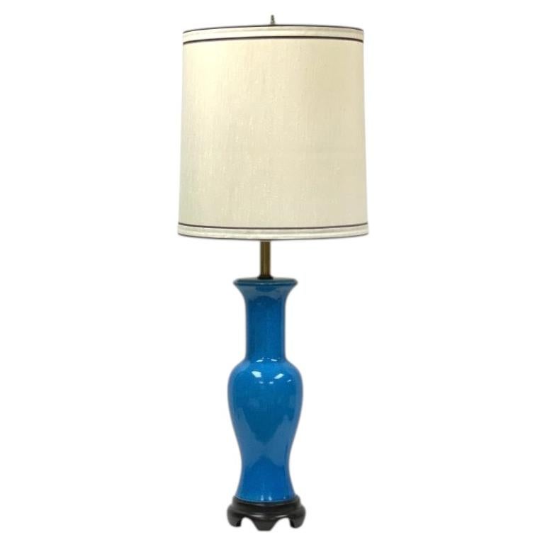 Vintage Frederick Cooper Cerulean Blue Crackle Glaze Lamp W/ Shade For Sale
