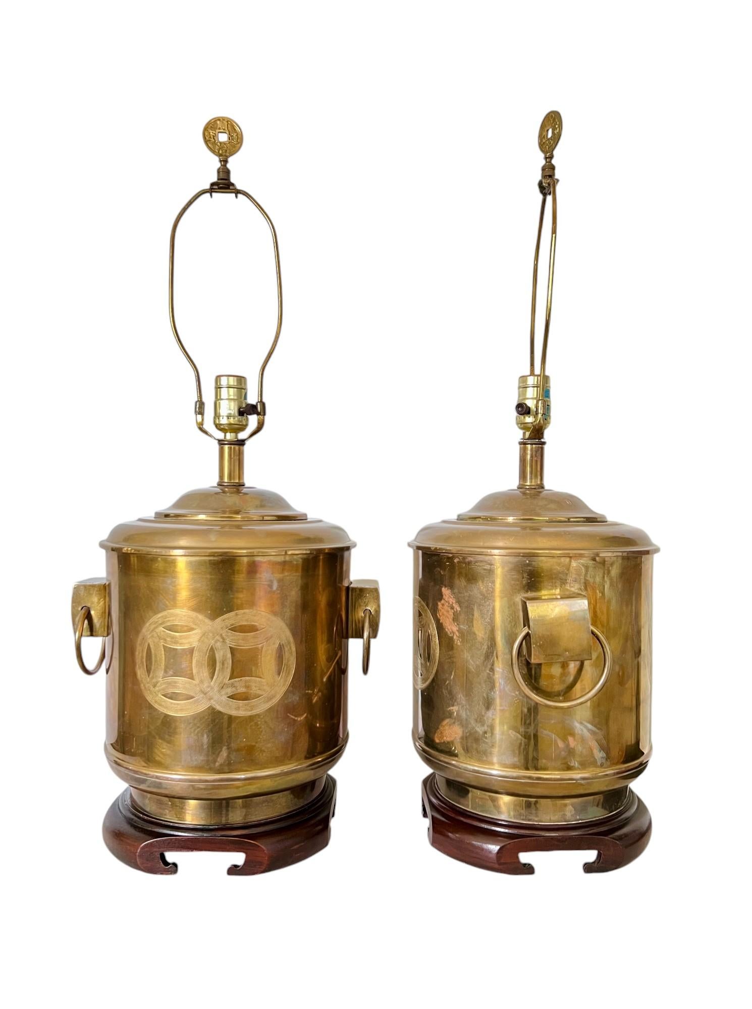 American Vintage Frederick Cooper Chinoiserie Brass Drum Table Lamps, a Pair