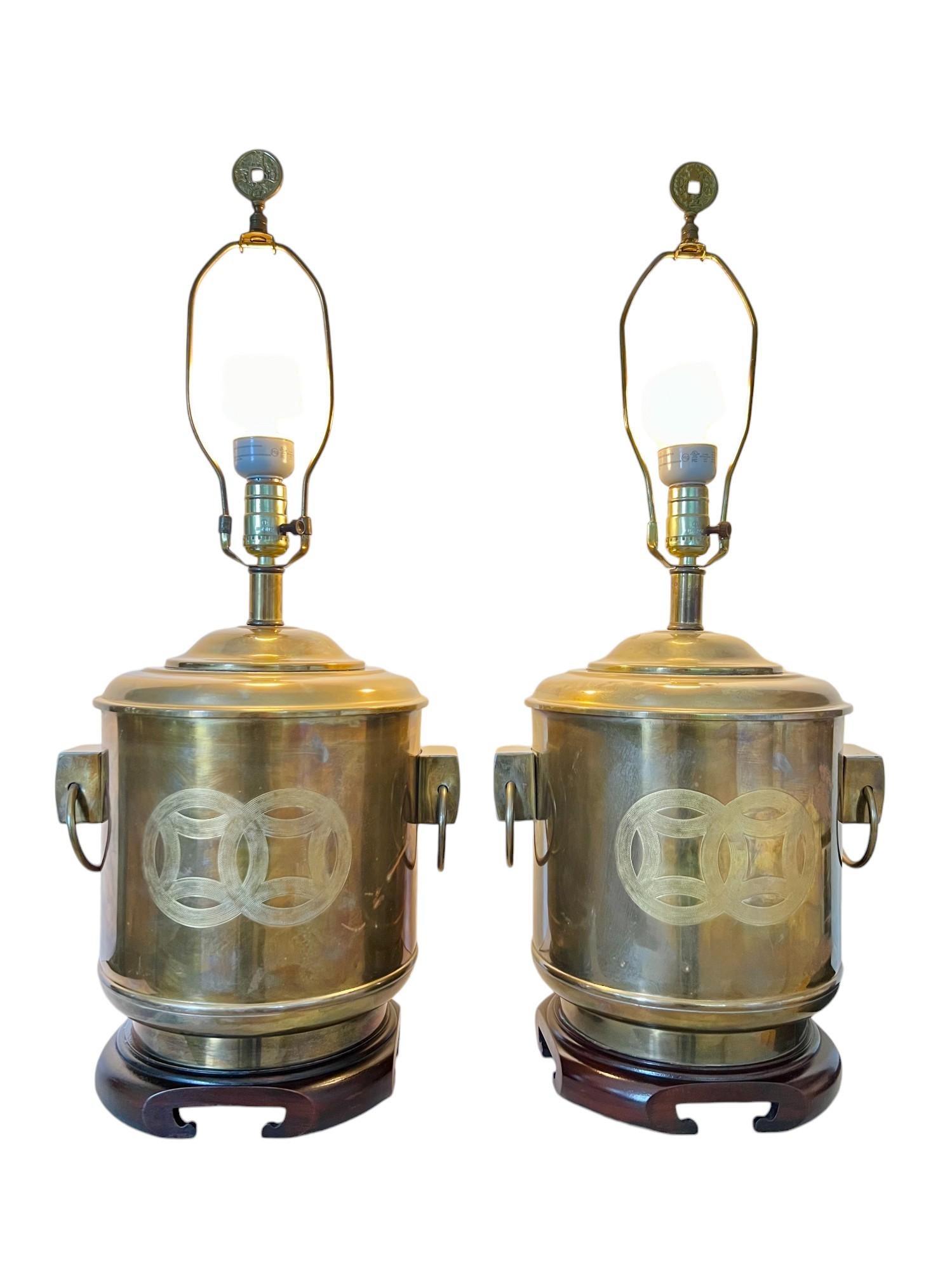 Carved Vintage Frederick Cooper Chinoiserie Brass Drum Table Lamps, a Pair