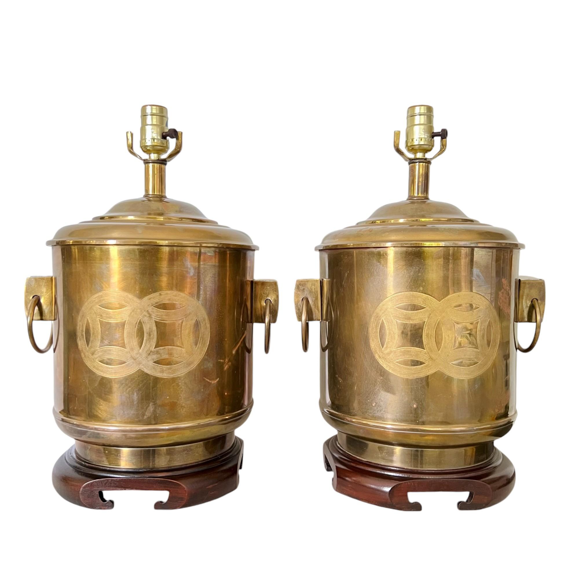20th Century Vintage Frederick Cooper Chinoiserie Brass Drum Table Lamps, a Pair