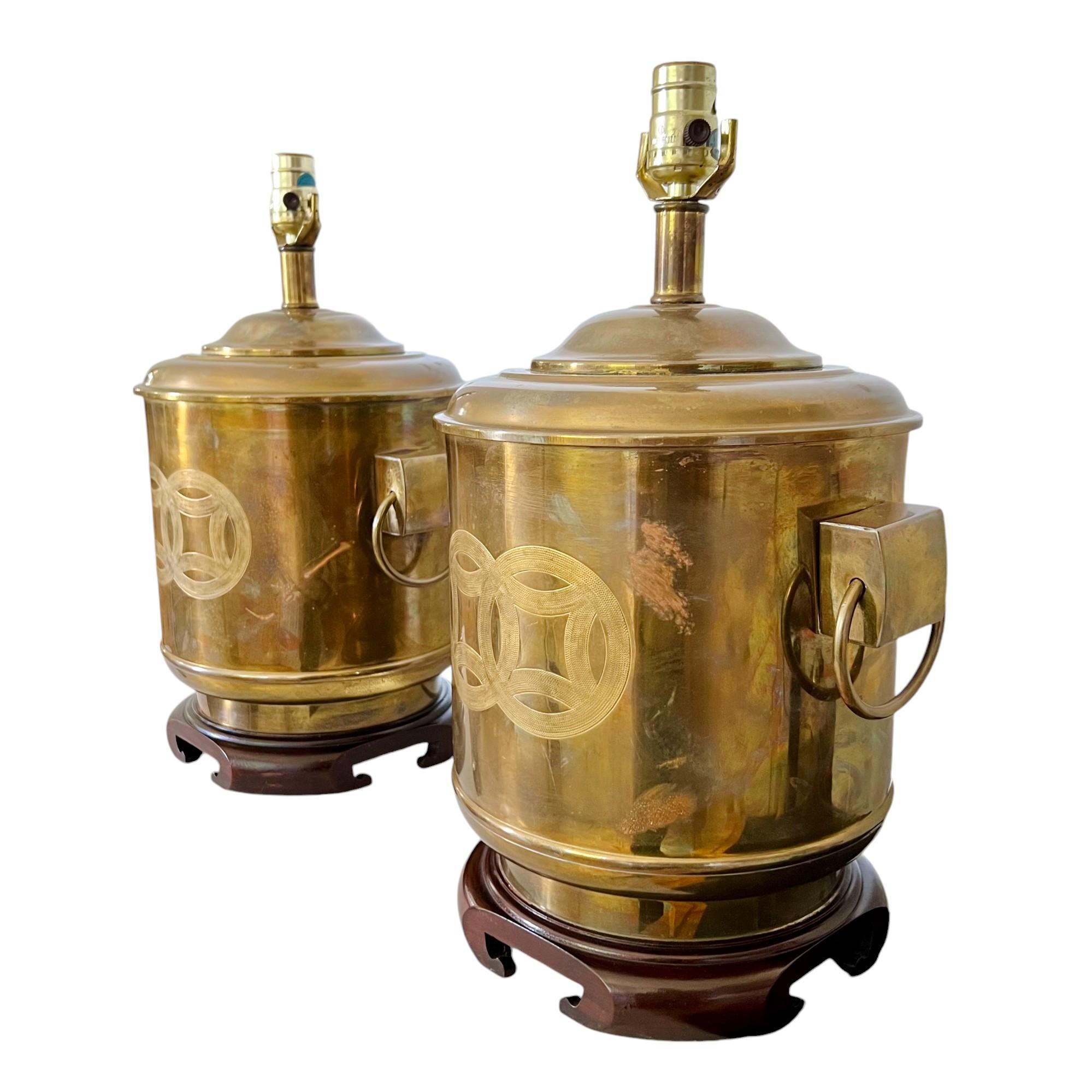 Vintage Frederick Cooper Chinoiserie Brass Drum Table Lamps, a Pair 1