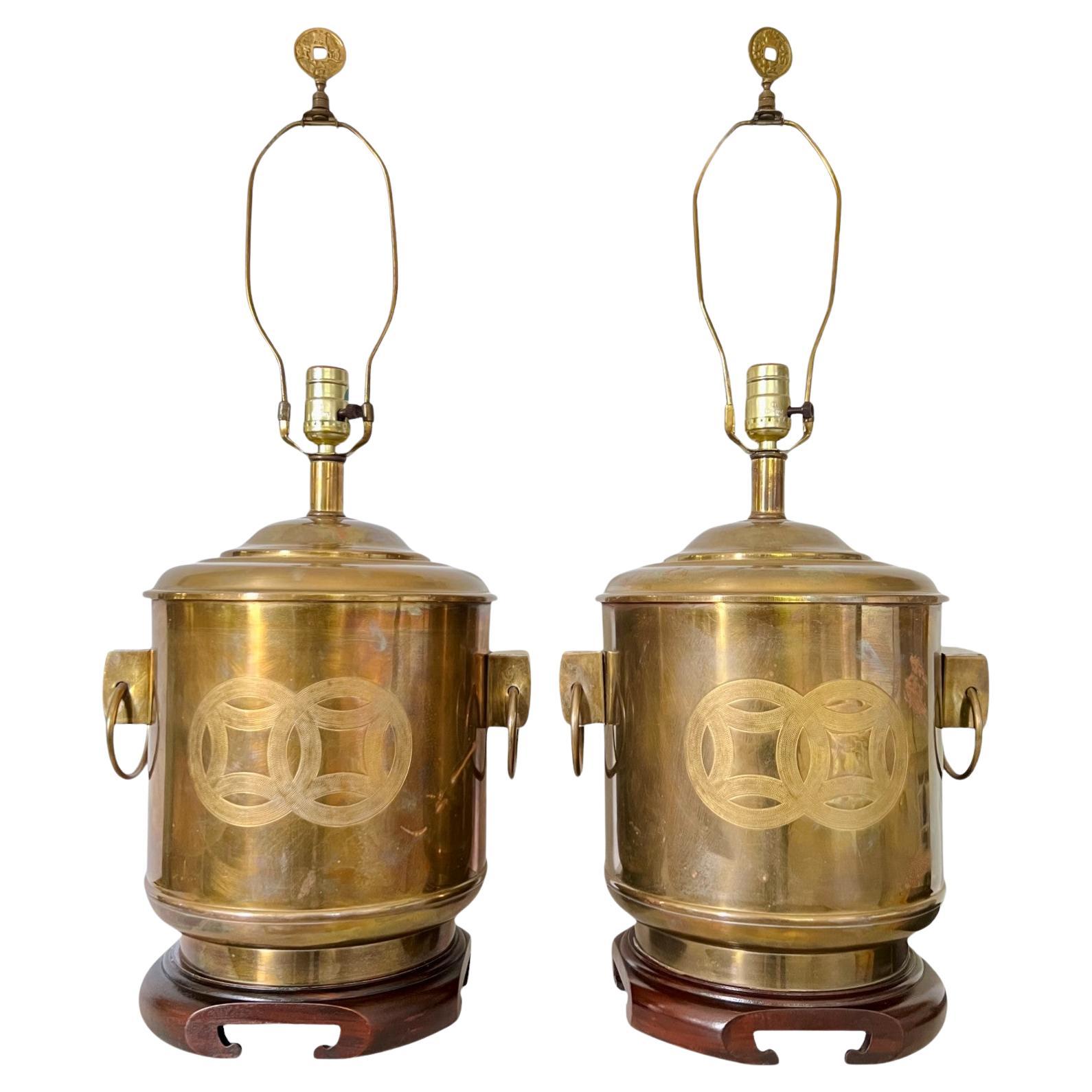 Lampade da tavolo a tamburo in ottone Frederick Cooper d'epoca, una coppia