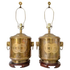 Vintage Frederick Cooper Chinoiserie Brass Drum Table Lamps, a Pair