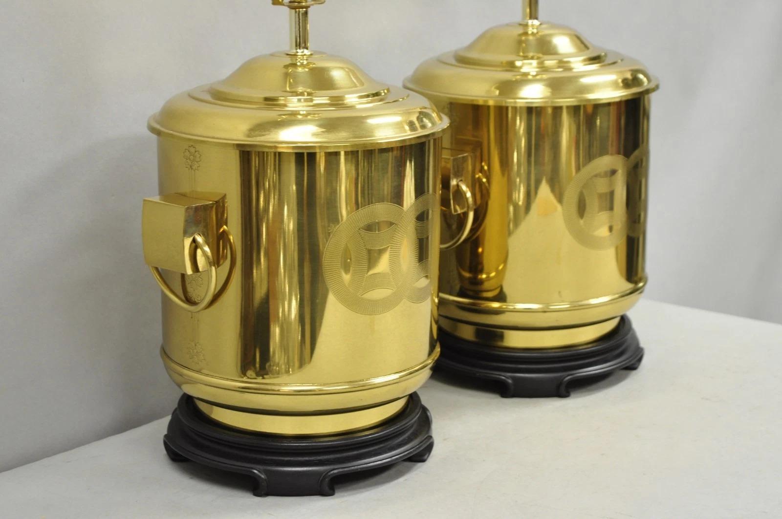Vintage Frederick Cooper Chinoiserie Double Happiness Brass Drum Table Lamp Pair For Sale 6
