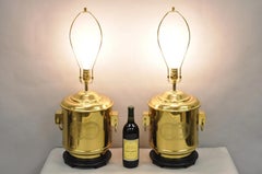 Vintage Frederick Cooper Chinoiserie Double Happiness Brass Drum Table Lamp Pair