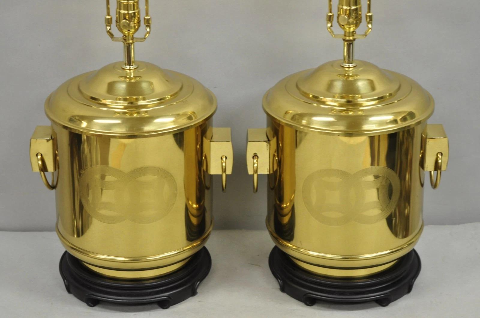 Unknown Vintage Frederick Cooper Chinoiserie Double Happiness Brass Drum Table Lamp Pair For Sale