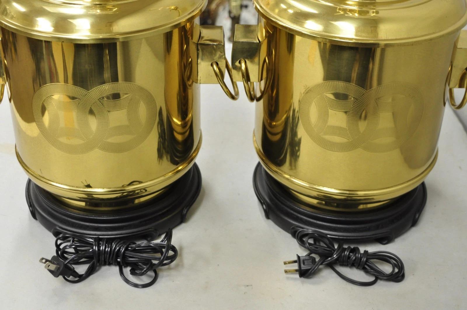 Vintage Frederick Cooper Chinoiserie Double Happiness Brass Drum Table Lamp Pair For Sale 4