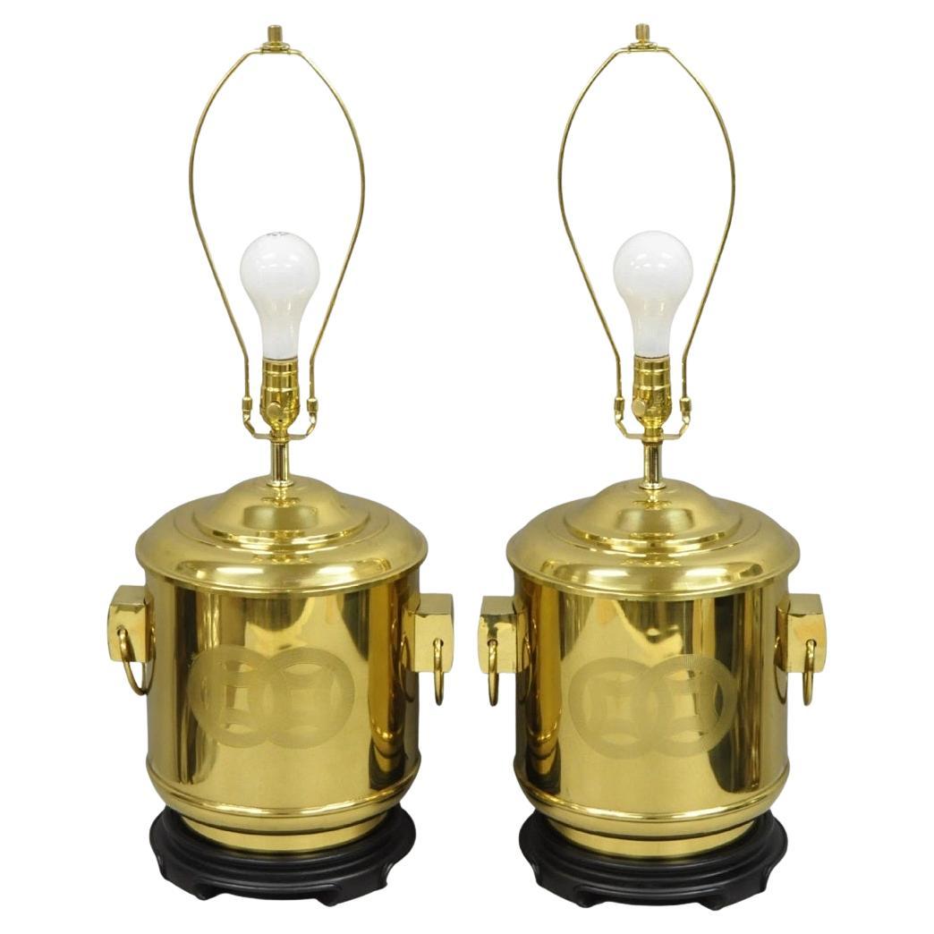 Vintage Frederick Cooper Chinoiserie Double Happiness Brass Drum Table Lamp Pair For Sale