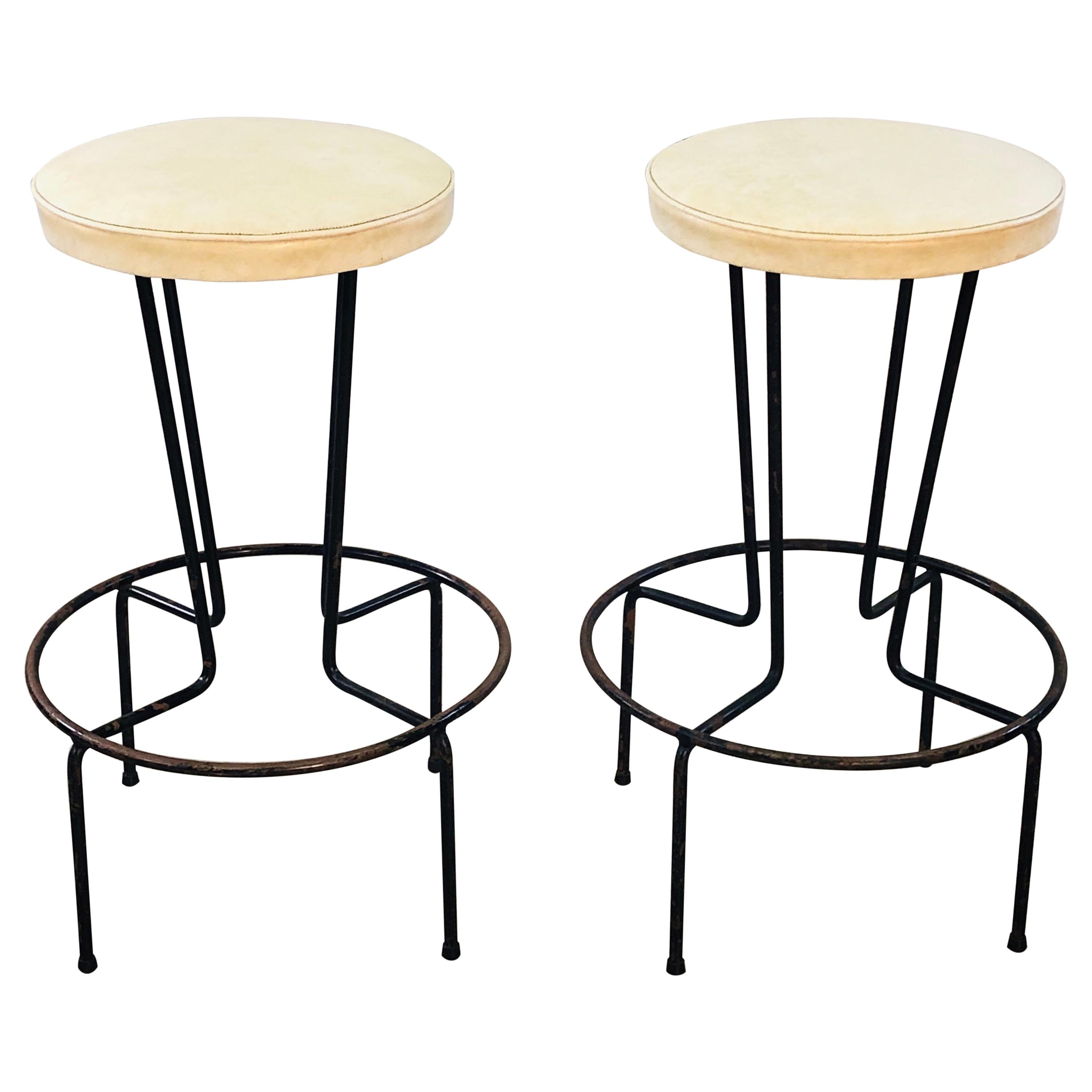 Vintage Frederick Weinberg Wrought Iron Bar Stools, Pair For Sale