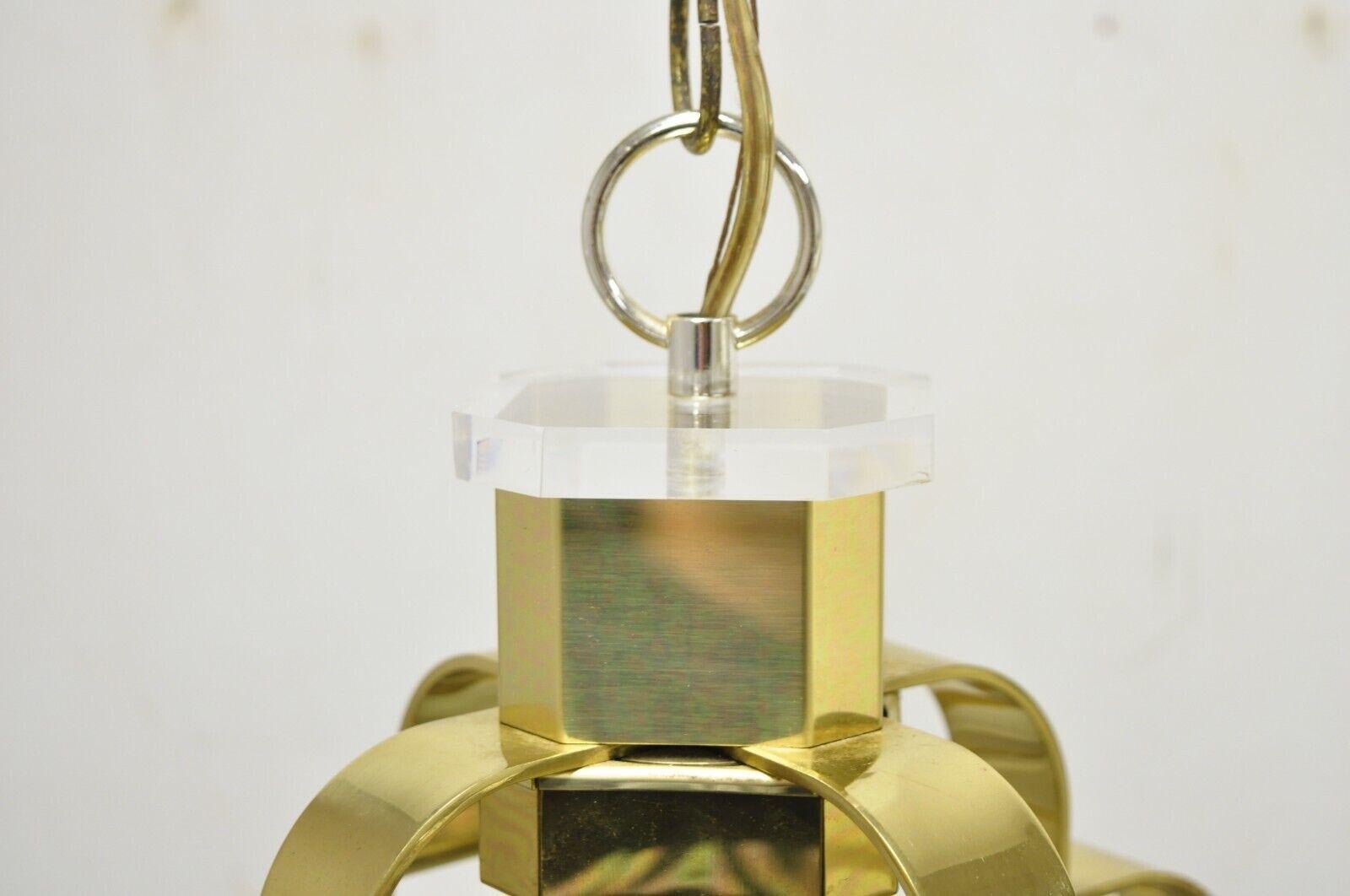 Vintage Fredrick Ramond Brass Lucite Glass Pendant Light Chandelier In Good Condition For Sale In Philadelphia, PA