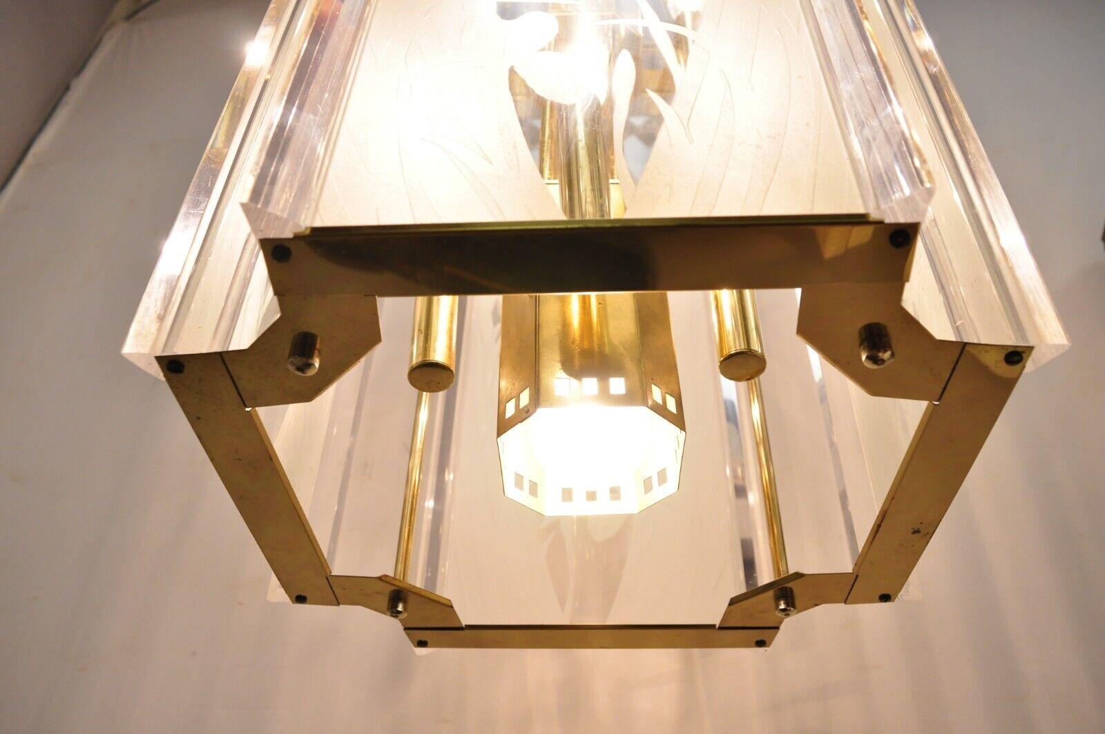 Late 20th Century Vintage Fredrick Ramond Brass Lucite Glass Pendant Light Chandelier For Sale