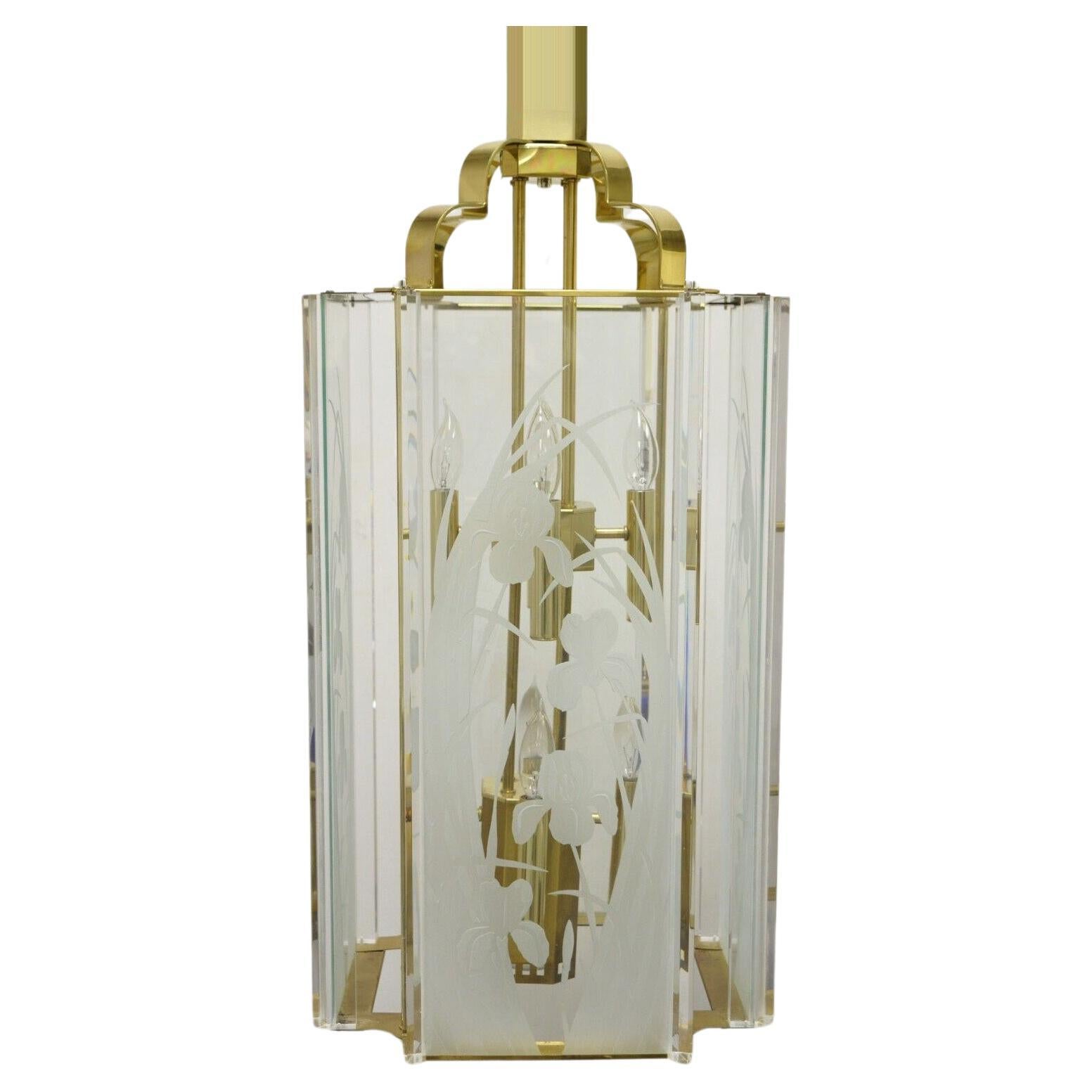 Vintage Fredrick Ramond Brass Lucite Glass Pendant Light Chandelier For Sale