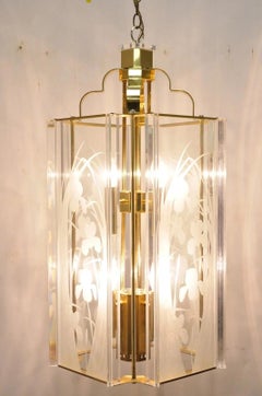 Vintage Fredrick Ramond Mid Century Modern Brass Lucite Glass Pendant Chandelier