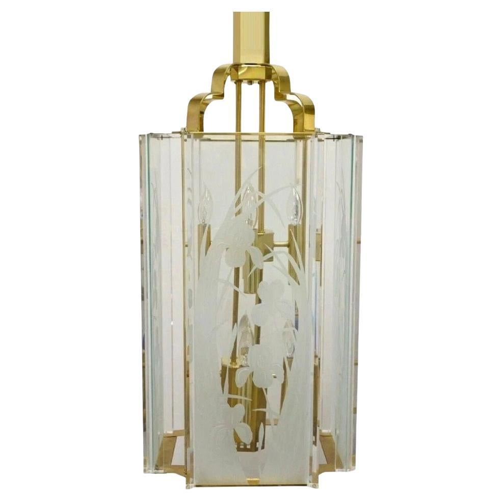 Vintage Fredrick Ramond Mid Century Modern Brass Lucite Glass Pendant Chandelier For Sale