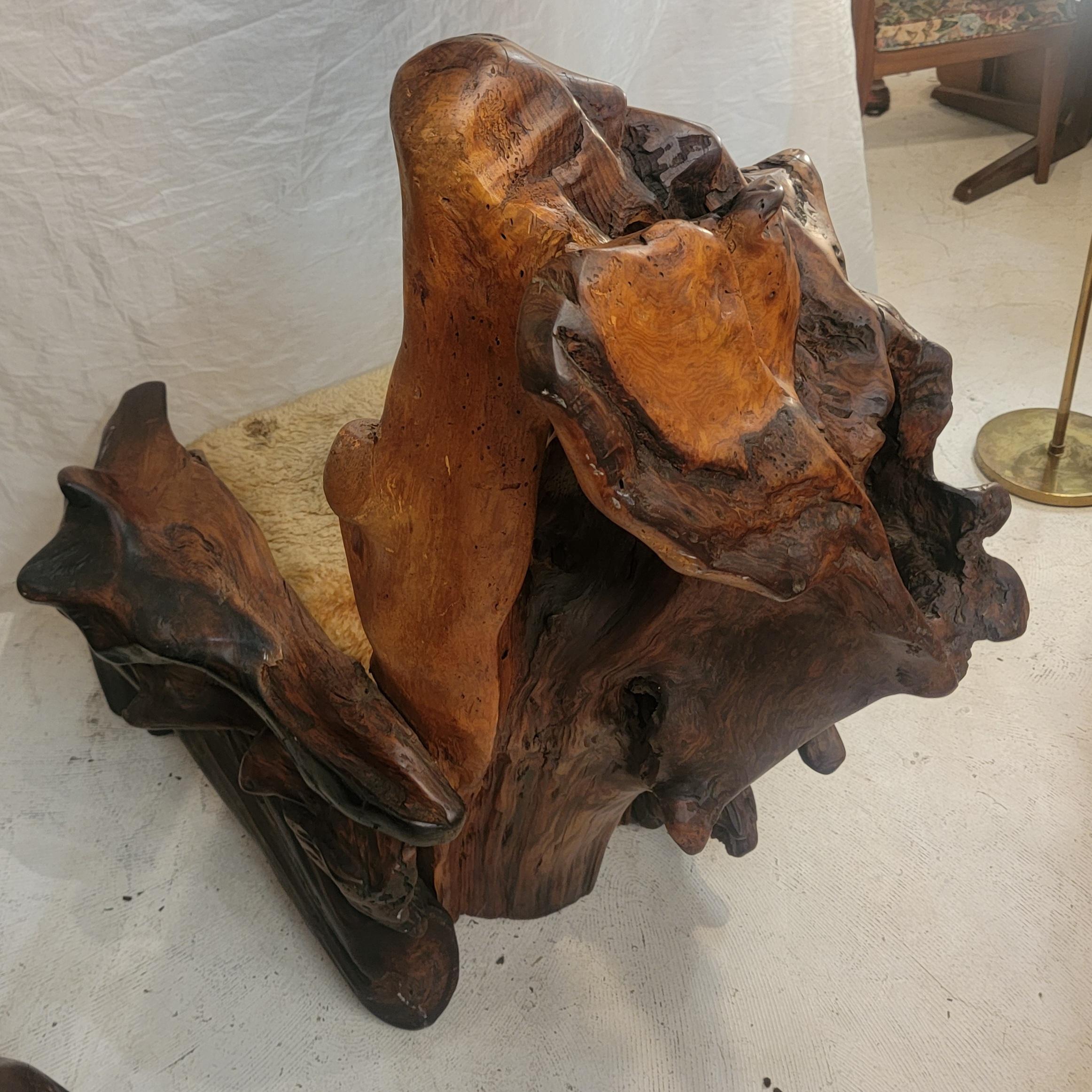 Vintage Free Form Slab Redwood Lounge Chair  Sheep Skin. Great formed burl root wood in large slabs. 

1960s measures approx - 44d x 40w x 48h x 15 seat height
