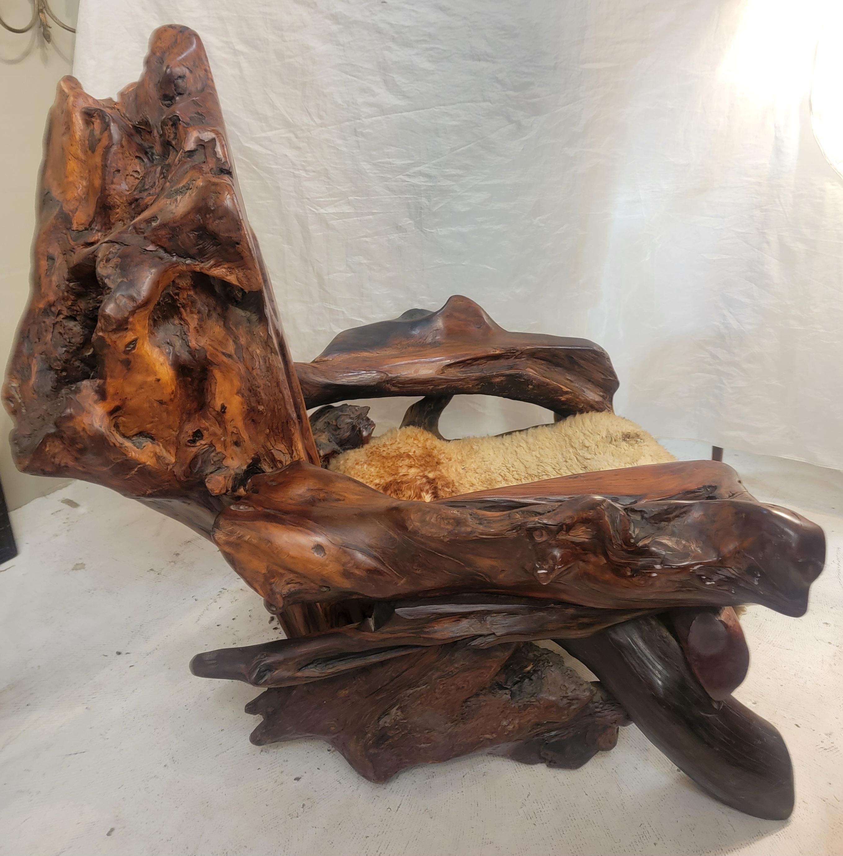 20th Century Vintage Free Form Slab Redwood Lounge Chair  Sheep Skin For Sale