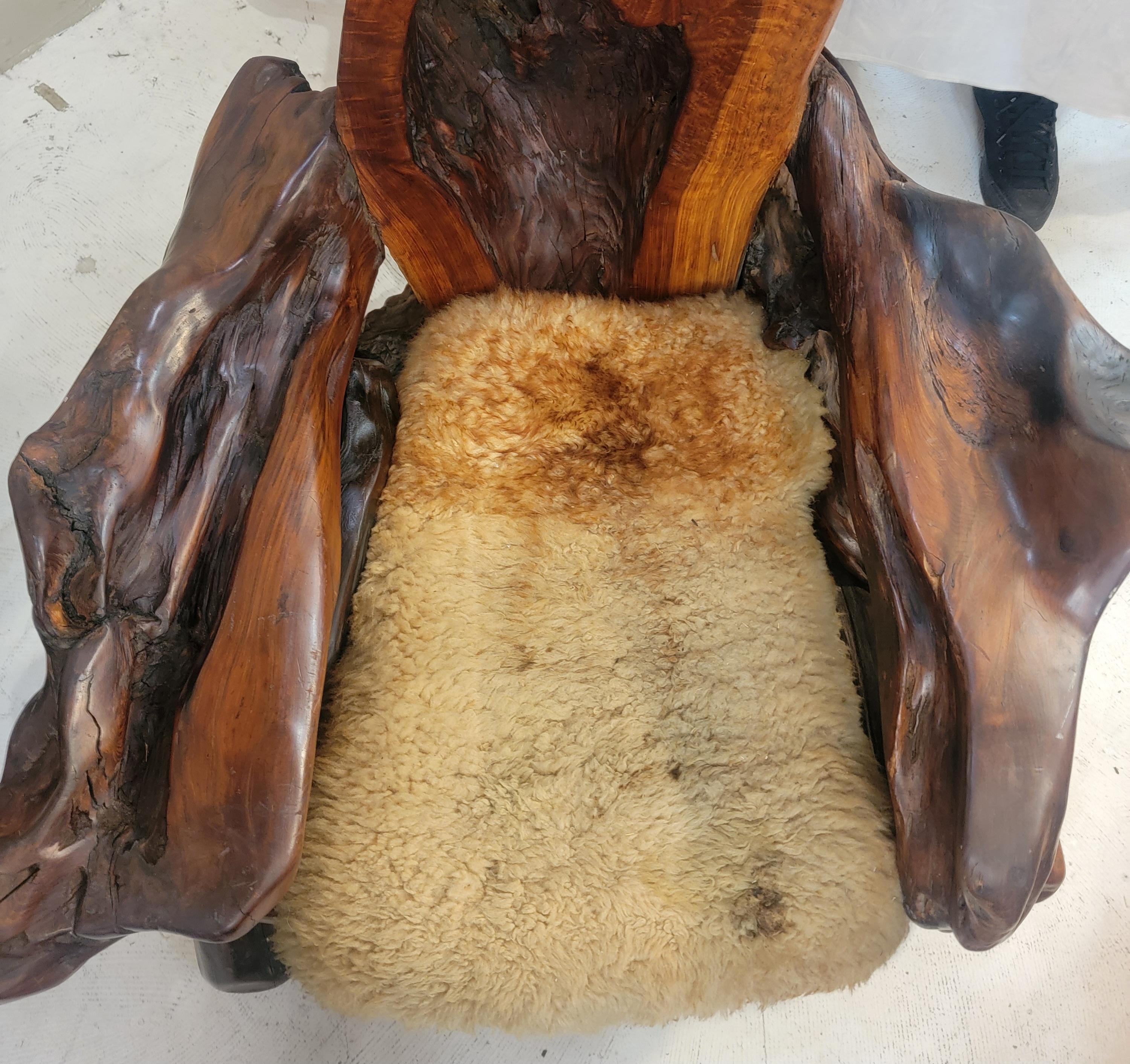 Wood Vintage Free Form Slab Redwood Lounge Chair  Sheep Skin For Sale