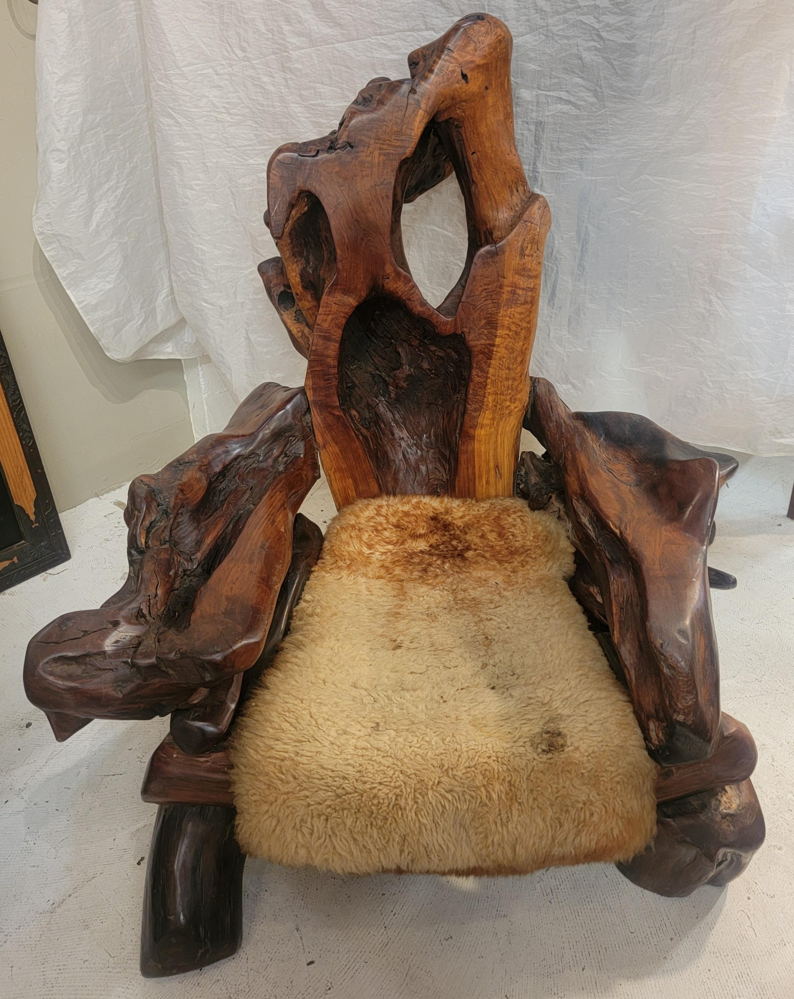 Vintage Free Form Slab Redwood Lounge Chair  Sheep Skin For Sale 2