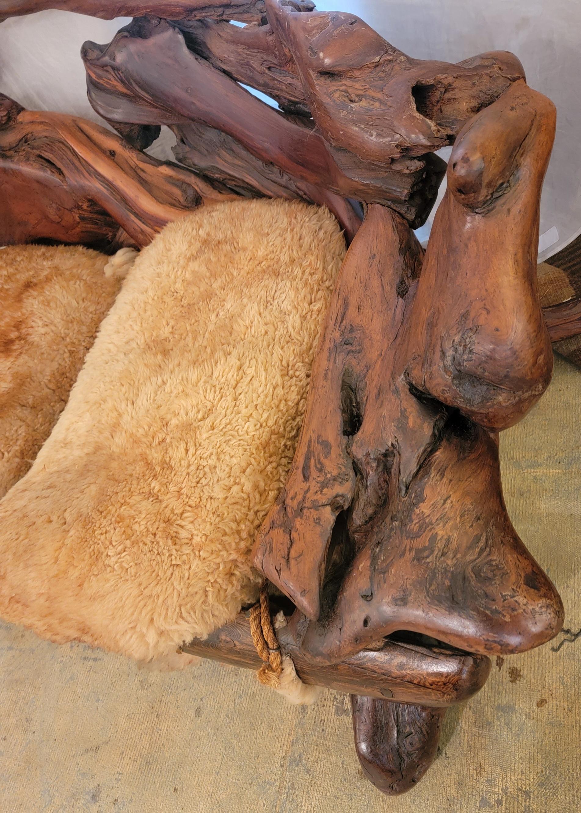 1960s Vintage Free Form Slab Redwood Settee Sheep Skin Three Seater For Sale 9