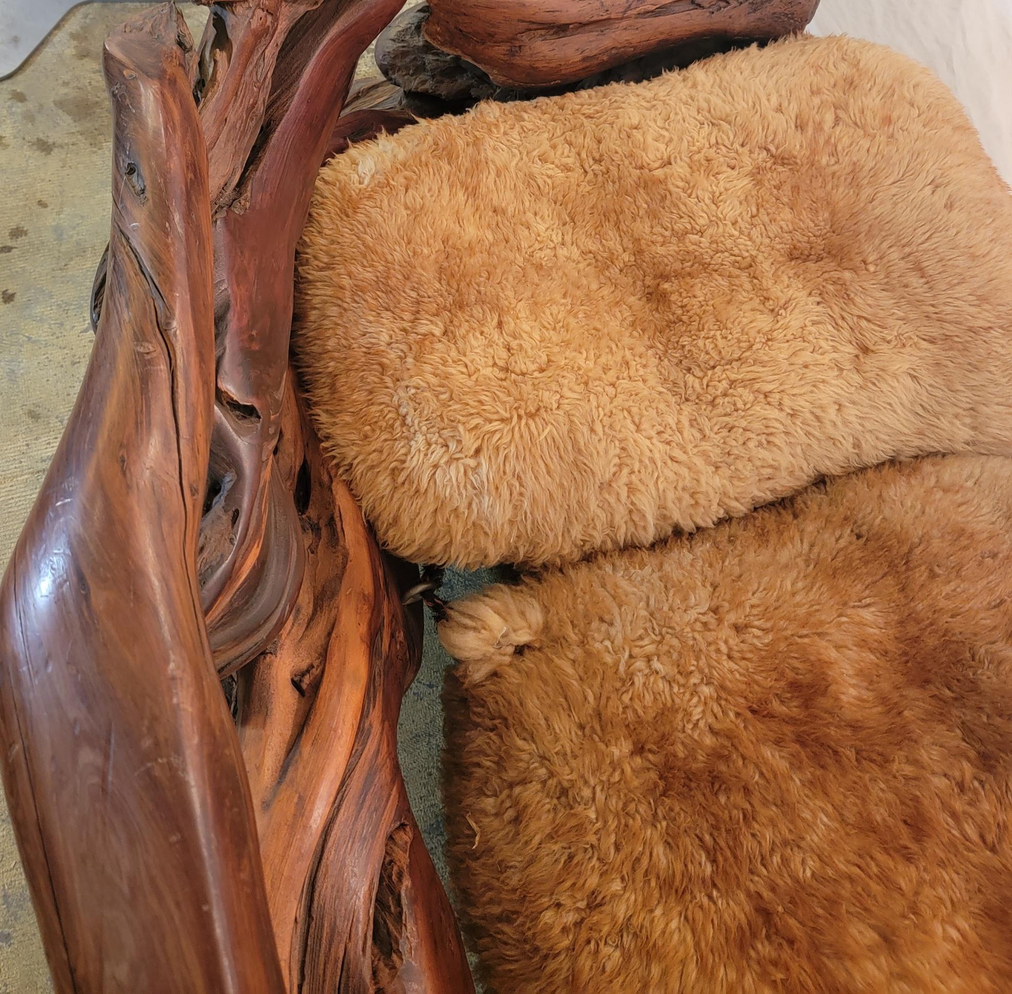 Wood 1960s Vintage Free Form Slab Redwood Settee Sheep Skin Three Seater For Sale