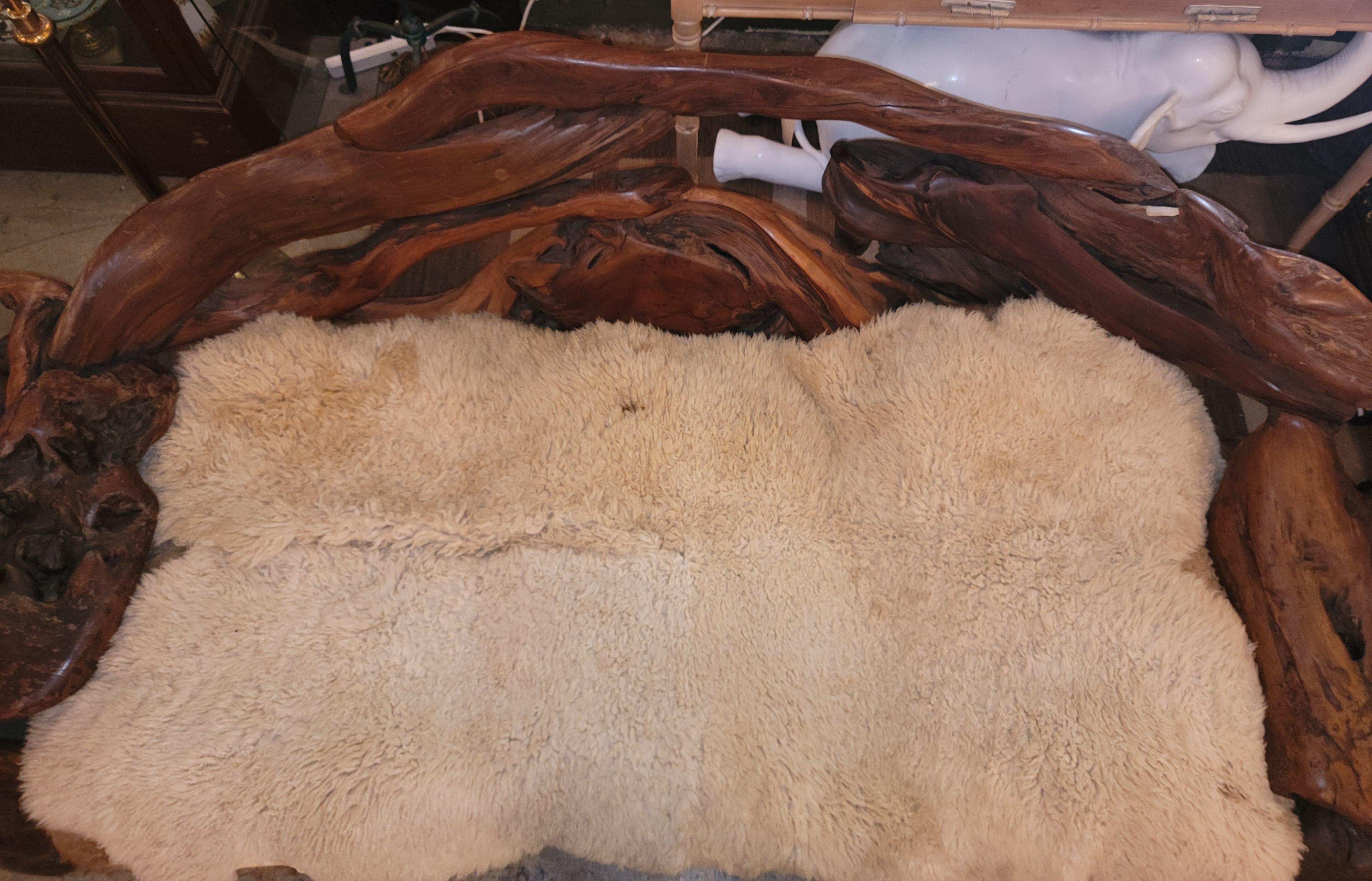 Adirondack 1960s Vintage Free Form Slab Redwood Settee Sheep Skin Three Seater For Sale